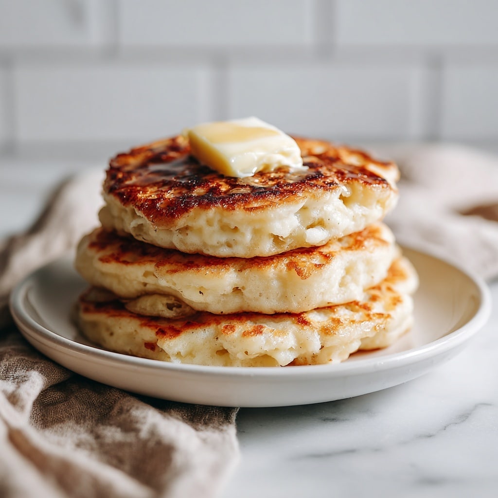 A stack of three thick, fluffy pancakes with a golden-brown edge sits centered on a white plate, placed on a white marbled surface. The pancakes have a soft, slightly uneven texture, showing their homemade nature. On top of the stack, a small amount of butter is melting, with amber syrup slowly being poured over it, dripping down the sides and pooling slightly at the base. The background shows a softly blurred white tiled wall. Photo taken with an iphone --ar 4:5 --v 7