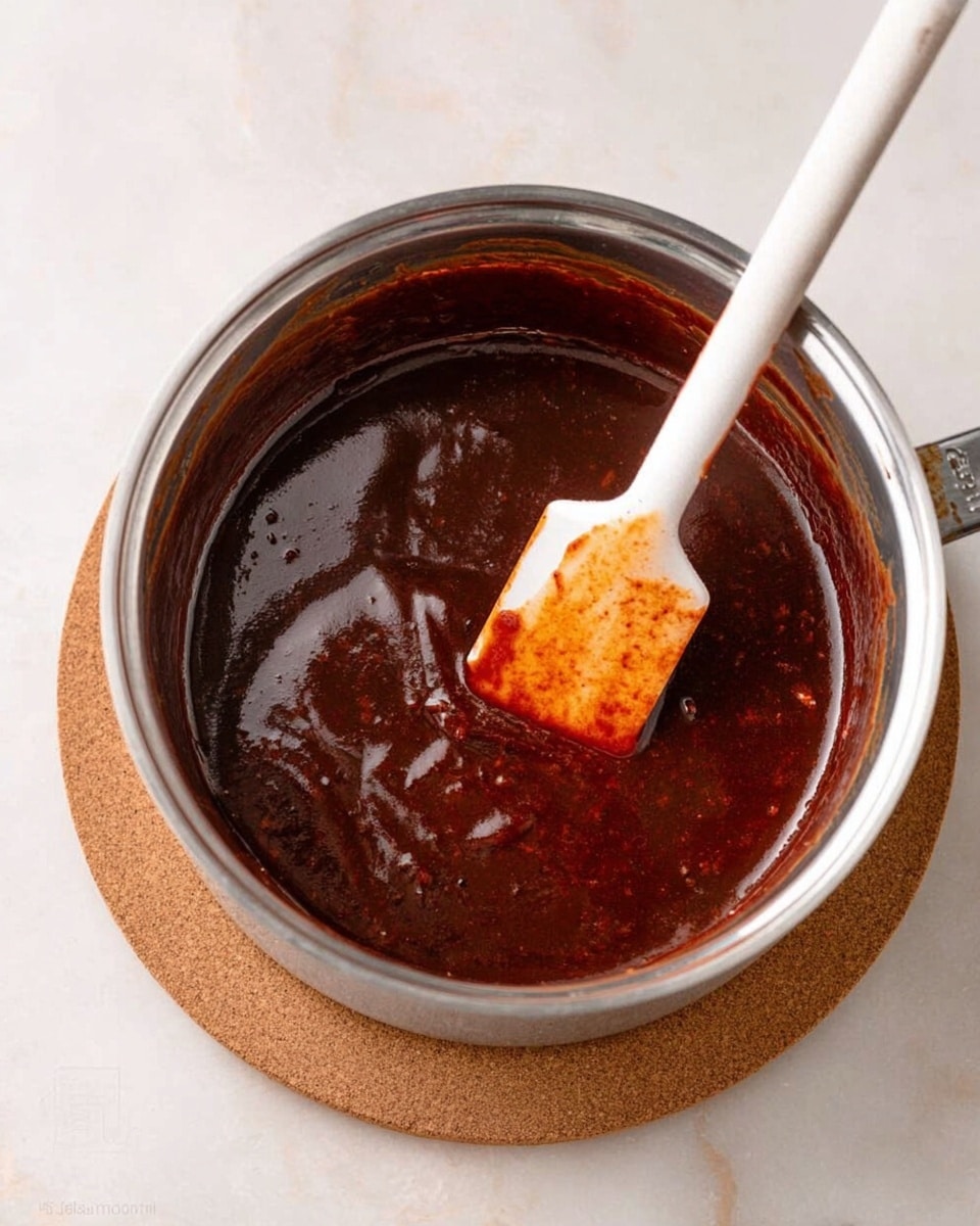 A shiny silver metal pot filled with thick dark brown sauce with a glossy, smooth texture, some lighter reddish patches and a few small bubbles visible. A white spatula with orange sauce residue on its tip is resting inside the pot, held upright with the edge touching the sauce in the middle. The pot sits on a round brown cork mat over a white marbled surface. photo taken with an iphone --ar 4:5 --v 7