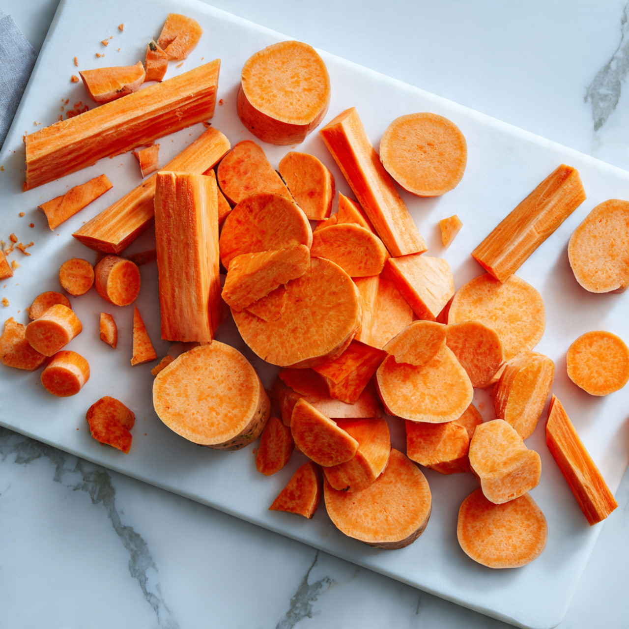 Cajun Sweet Potato Fries in the Air Fryer Recipe 4 The image shows a white plastic cutting board on a white marbled surface. On the board, there are several peeled orange sweet potato pieces sliced in different shapes, including thick rounds, sticks, and chunks. The pieces are arranged loosely in a small pile, with no other items or hands visible in the frame. photo taken with an iphone --ar 4:5 --v 7