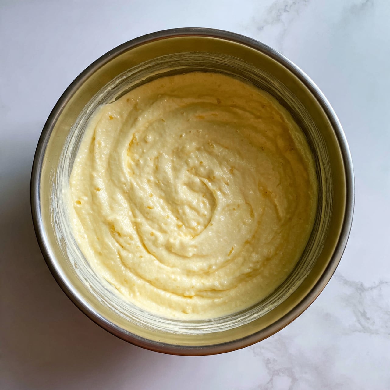 A top view of a silver mixing bowl filled with a light yellow, coarse, and creamy batter that looks softly textured with small lumps. The batter surface is uneven with subtle peaks and swirls, and some of it is stuck around the inner edge of the bowl. The bowl sits on a white marbled surface, giving a clean and bright background. photo taken with an iphone --ar 4:5 --v 7