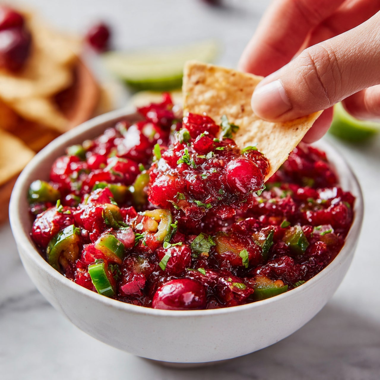 A white bowl filled with a chunky bright red dip that has visible pieces of green jalapeno and some green herbs mixed in. A light yellow tortilla chip is held by a woman's hand, scooping the dip which looks textured and slightly wet, showing bits of red and green ingredients. The scene is set on a white marbled surface with some tortilla chips and red cherries or cranberries in the blurry background. photo taken with an iphone --ar 4:5 --v 7