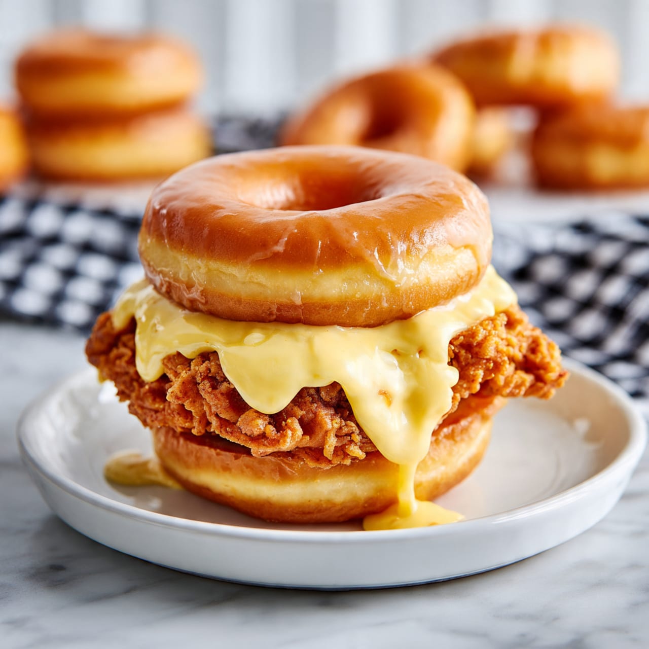 A sandwich made with two shiny, golden glazed donuts as the top and bottom layers, forming the bun. Inside, there is a crispy, golden brown fried piece of chicken in the middle layer, covered with a thick, smooth, pale yellow cheese sauce that slightly drips down the sides. The sandwich sits on a stack of white plates, all placed on a white marbled surface. In the background, there are three more glazed donuts and a black and white checkered cloth. Photo taken with an iphone --ar 4:5 --v 7