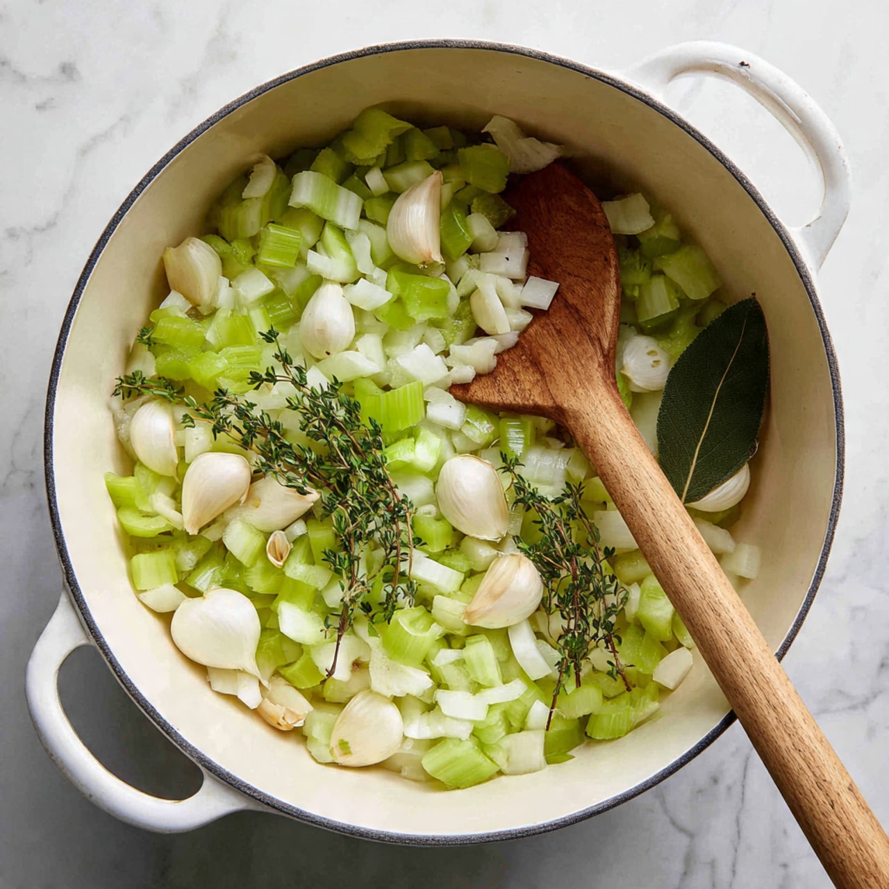 The image shows a white pot with two handles, filled with chopped light green and white celery and onions. There are also whole garlic cloves, a couple of bay leaves, and sprigs of fresh thyme scattered within the mixture. A wooden spoon rests inside the pot on the right side, partially submerged in the vegetables. The pot is placed on a white marbled surface. photo taken with an iphone --ar 4:5 --v 7