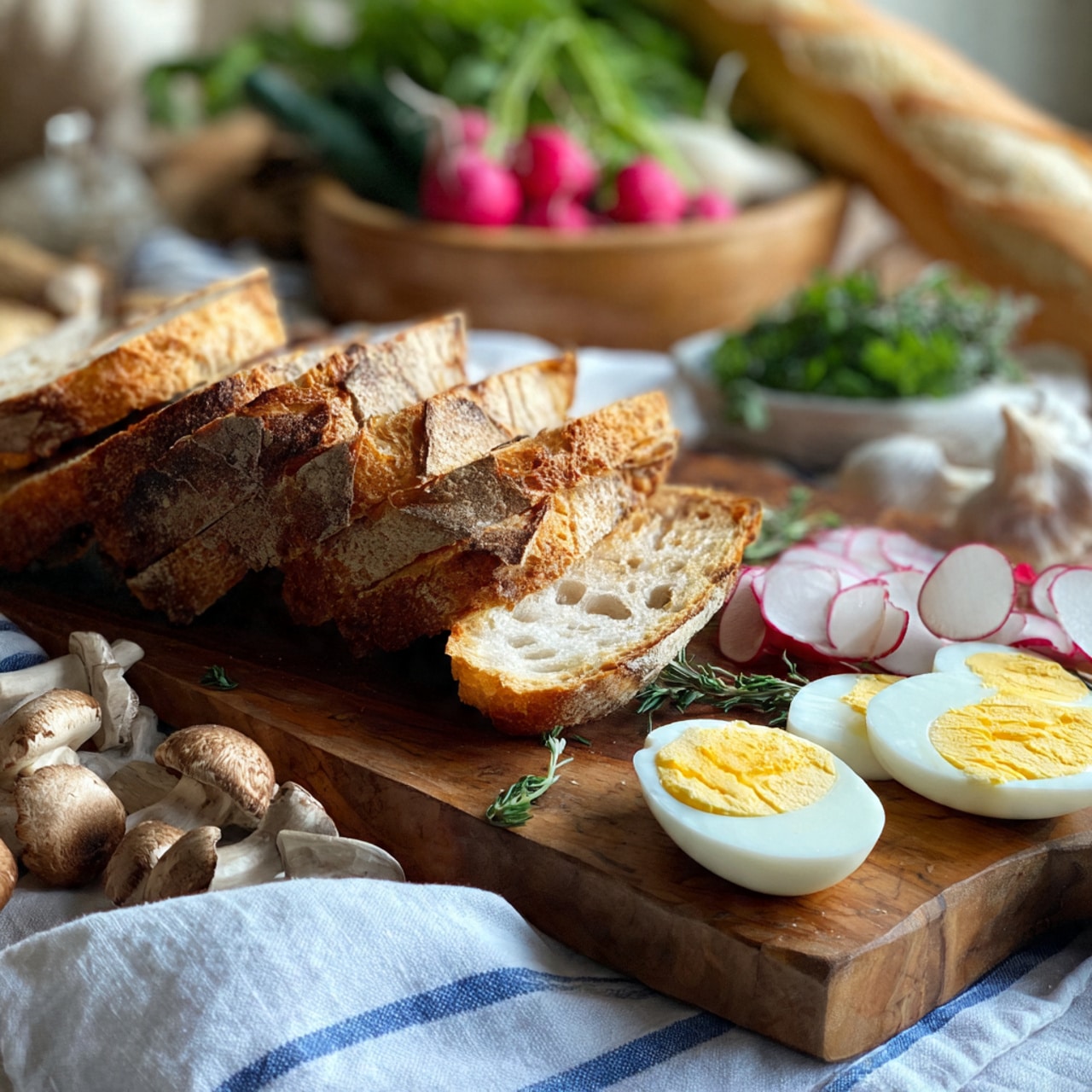 The image shows a wooden board on a white marbled surface with five slices of bread placed on it, each slice showing a golden crust and soft white inside. Behind the bread, there are several slices of hard-boiled eggs with yellow yolks and white edges, scattered near thinly sliced radishes with white centers and red edges. In the background, blurred vegetables including green leafy herbs, purple radishes, small round mushrooms, and a baguette loaf are visible along with a jar containing honey or a similar liquid. A white cloth with blue stripes is partially visible beneath the board on the left side. The image has a soft focus on the background and sharp detail on the bread slices in the foreground photo taken with an iphone --ar 4:5 --v 7