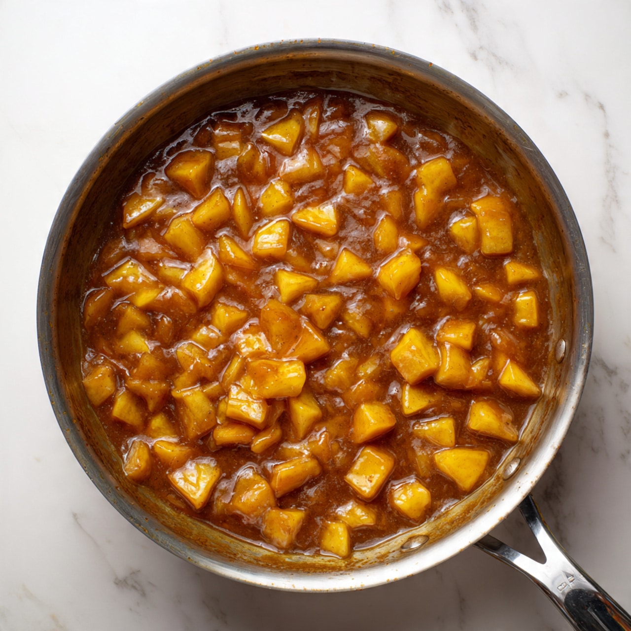 A metal pan is filled with a thick, brown sauce that covers small, diced pieces of light tan and cream-colored vegetables or fruit. The sauce is rich and glossy, surrounding the irregularly shaped chunks that float throughout the pan. The pan is resting on a white marbled surface, showing a simple, clean background. The pan handle sticks out from the bottom right side of the frame, its silver color shining under the light. photo taken with an iphone --ar 4:5 --v 7