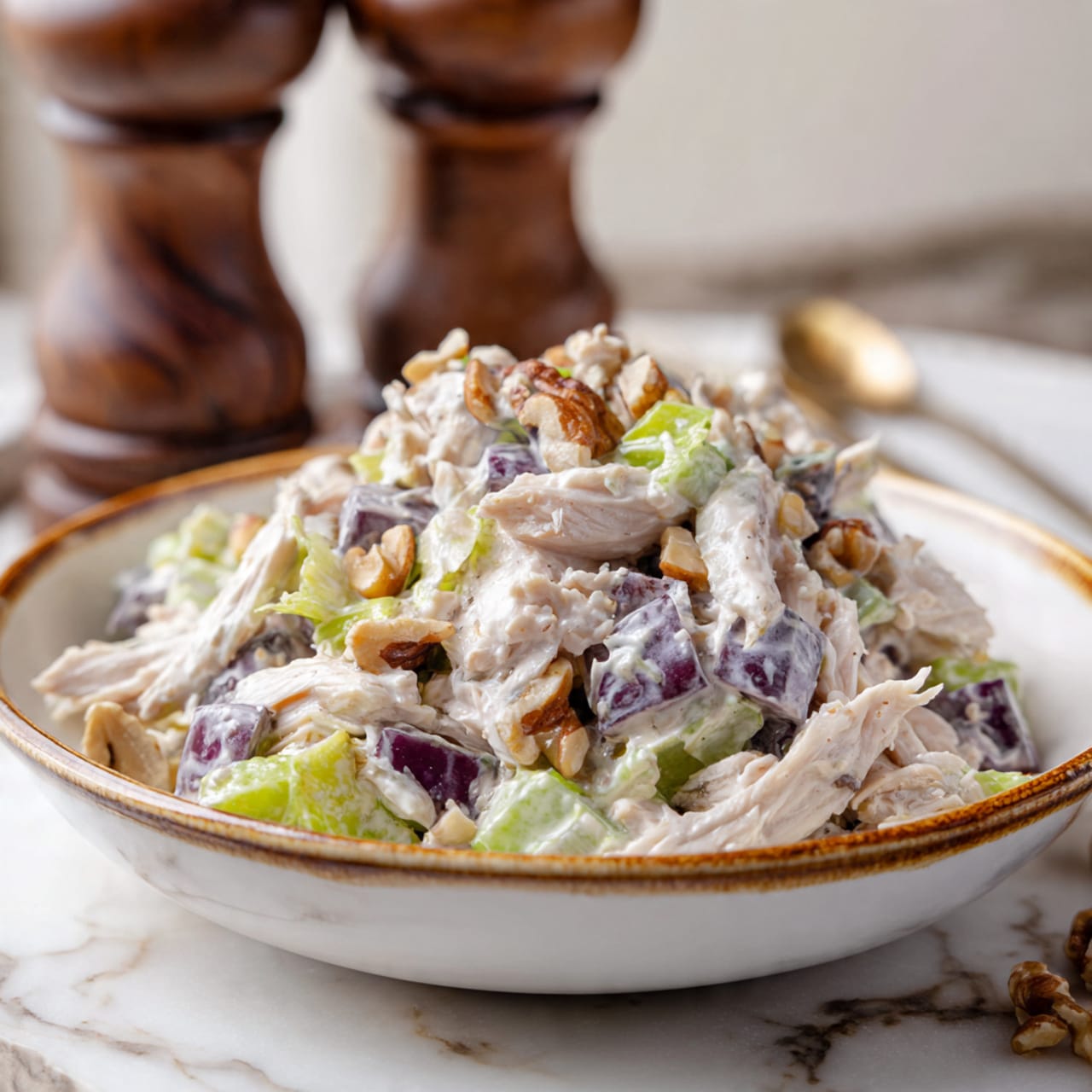 The image shows a sandwich stacked in two layers on a white plate with a small bunch of dark purple grapes and some green arugula on the side. Each sandwich half has three thick slices of light brown, grainy textured bread. Between the bread slices is a thick filling of creamy chicken salad mixed with small pieces of light green celery and halved red grapes, giving a mix of white, pale green, and dark purple colors. The chicken salad looks soft and thick with some chunks visible. The plate sits on a white marbled surface, and the photo is clear and close-up, showing all the sandwich details nicely. photo taken with an iphone --ar 4:5 --v 7