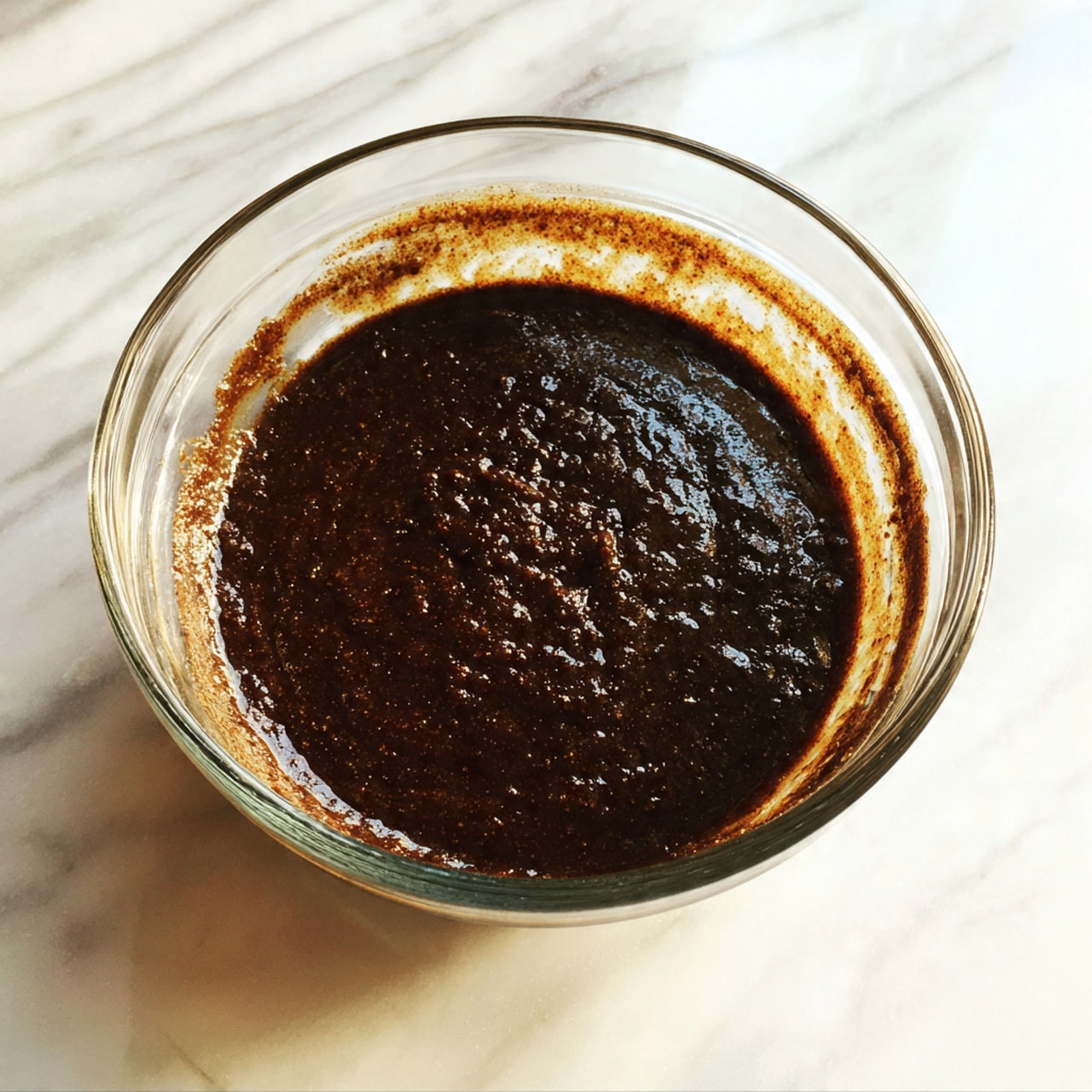 A clear glass bowl filled with thick, dark brown chocolate batter that has a slightly rough texture, resting on a white marbled surface. The batter is spread unevenly inside the bowl with some batter stuck on the sides, showing a rich, dense appearance. There is a soft light reflecting on the batter's surface, emphasizing its moist texture. Photo taken with an iphone --ar 4:5 --v 7