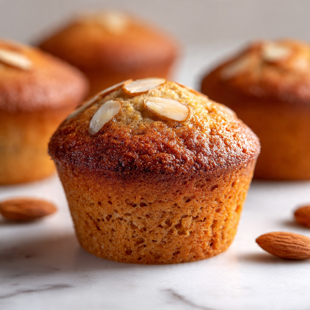 A stack of golden-brown oval-shaped almond cakes with a soft, smooth texture sits on a silver cooling rack. Each cake is topped with thin, light beige almond slices scattered on the surface. The rack rests on a folded beige cloth napkin, and whole almonds are spread around on the white marbled background. The cakes appear moist and light, showing slight cracks on top. Photo taken with an iphone --ar 4:5 --v 7
