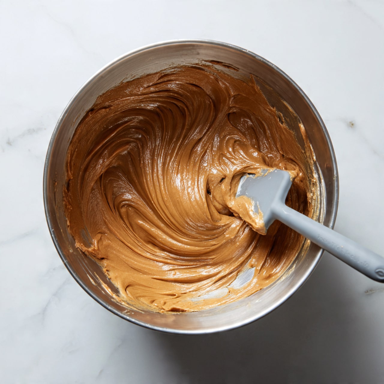 A shiny silver mixing bowl holds a single thick, creamy brown batter spread out evenly inside. A gray spatula with some batter clinging to it rests on the right side of the bowl, partially lifted from the mixture. The batter is smooth with subtle lines and swirls, showing the motion of mixing, and the bowl is set against a white marbled surface with a soft light, highlighting the texture of the batter. photo taken with an iphone --ar 4:5 --v 7