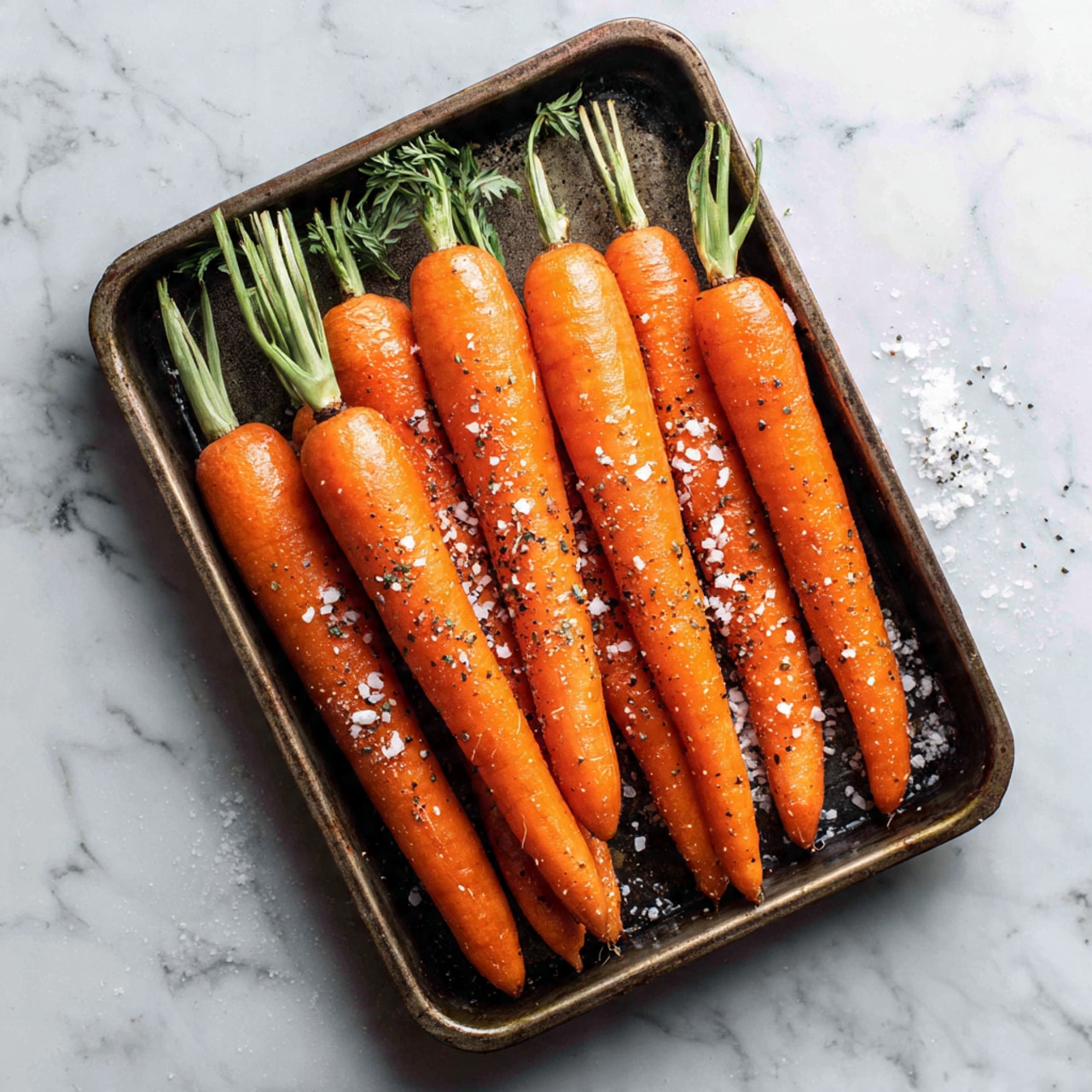 A baking tray filled with a single layer of long, whole carrots with green tops trimmed but still attached, arranged side by side and facing the same direction. The carrots have a bright orange color, covered with coarse salt and ground black pepper scattered evenly across their surface, adding texture and seasoning. The tray sits on a white marbled surface. Photo taken with an iphone --ar 4:5 --v 7