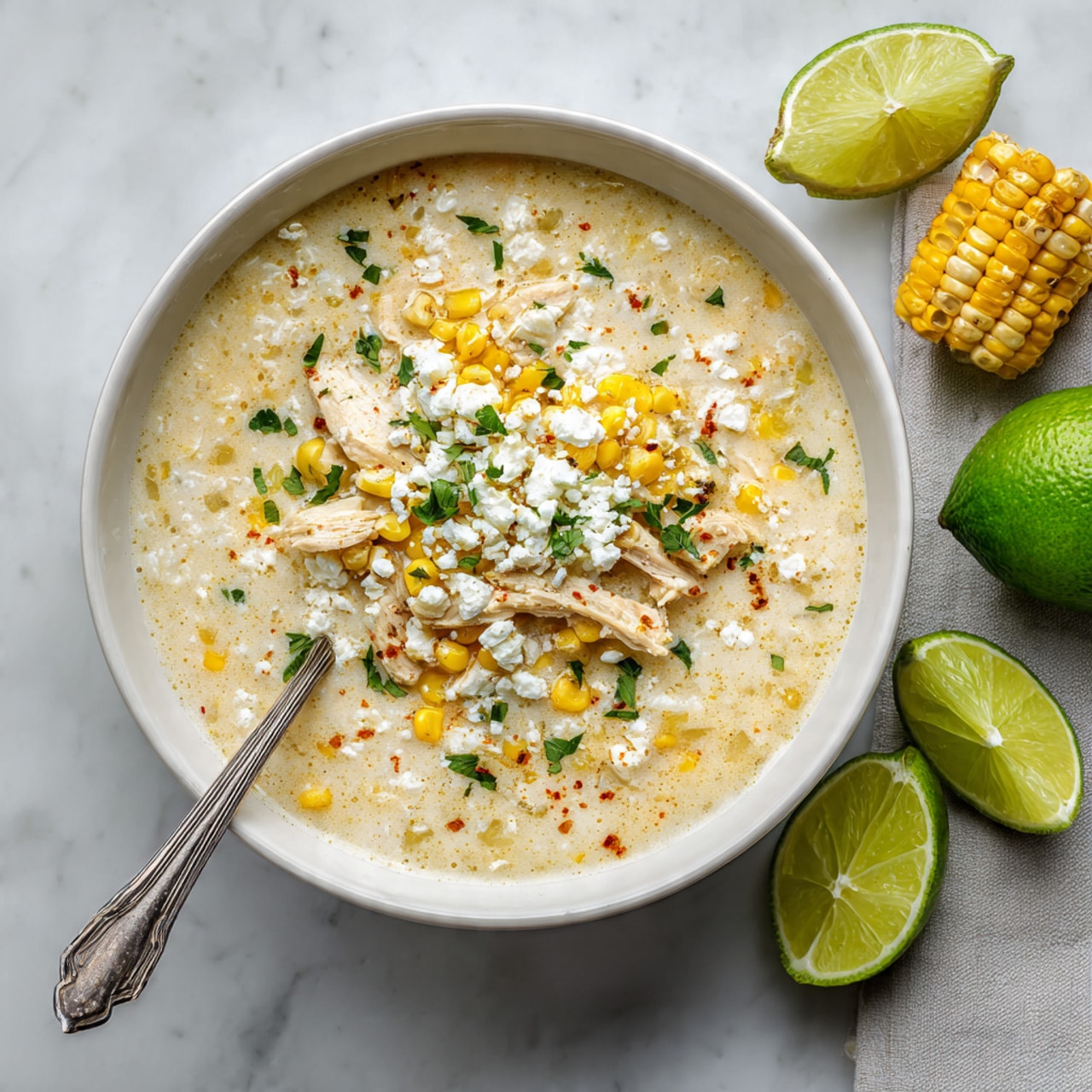 A white bowl filled with creamy soup having three layers: the base layer is pale orange liquid broth, the middle layer holds yellow corn kernels and shredded pale chicken, and the top layer is sprinkled with white crumbly cheese and finely chopped green herbs. A silver spoon rests inside the bowl toward the right. In the background, there is a white marbled surface with two lime wedges, a round white bowl of chopped green herbs, and a white plate holding roasted corn cobs on the top left side. Photo taken with an iphone --ar 4:5 --v 7