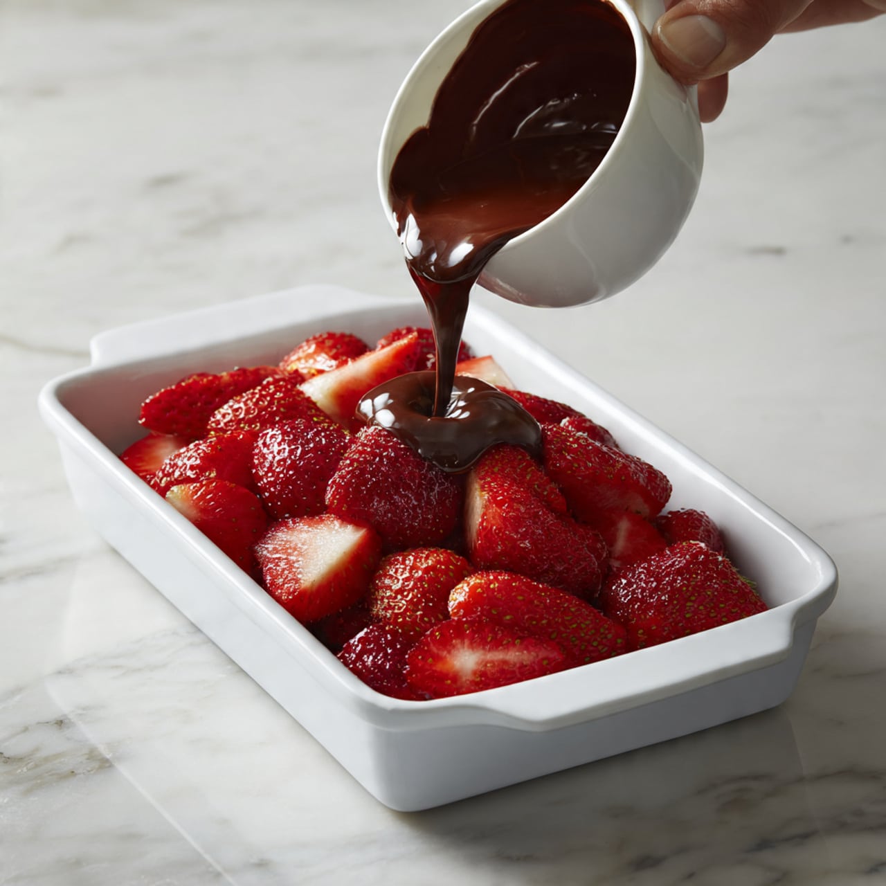 A white rectangular dish holds a layer of fresh, bright red strawberries, arranged to cover the entire base. Above the strawberries, thick, shiny dark chocolate sauce is being poured from a white cup by a woman's hand, creating smooth waves and glossy textures over the fruit. The strawberries are large and whole or halved, with their textured seeds visible. The background is a white marbled surface that contrasts softly with the vibrant colors of the dish. Photo taken with an iphone --ar 4:5 --v 7