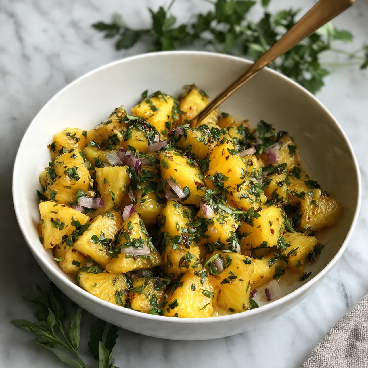 The image shows a white bowl filled with several small, bright yellow pineapple chunks mixed with small pieces of green herbs and some tiny bits of onion, all evenly spread in the bowl. A golden spoon rests inside the bowl, partly buried under the pineapple. Some sprigs of fresh green herbs sit on top of the pineapple, adding texture and freshness. The bowl is set on a dark wooden surface, which is changed in description to a white marbled texture, with a small bunch of green herbs blurred in the foreground. Photo taken with an iphone --ar 4:5 --v 7
