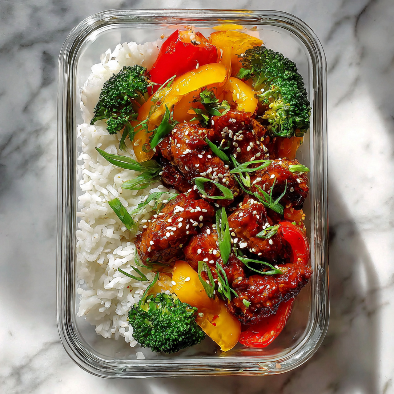 One Pan Pineapple Teriyaki Chicken Recipe 4 A clear rectangular glass container is filled with four layers of food arranged from top to bottom. The top layer has light brown cooked rice with a soft texture. Below the rice, there is a mix of cooked broccoli florets, yellow bell peppers, and red bell peppers combined with small pieces of light tan chicken, all garnished with white sesame seeds. At the bottom, there is a layer of bright green sliced scallions neatly spread in a straight line. The container is placed on a white marbled surface. photo taken with an iphone --ar 4:5 --v 7