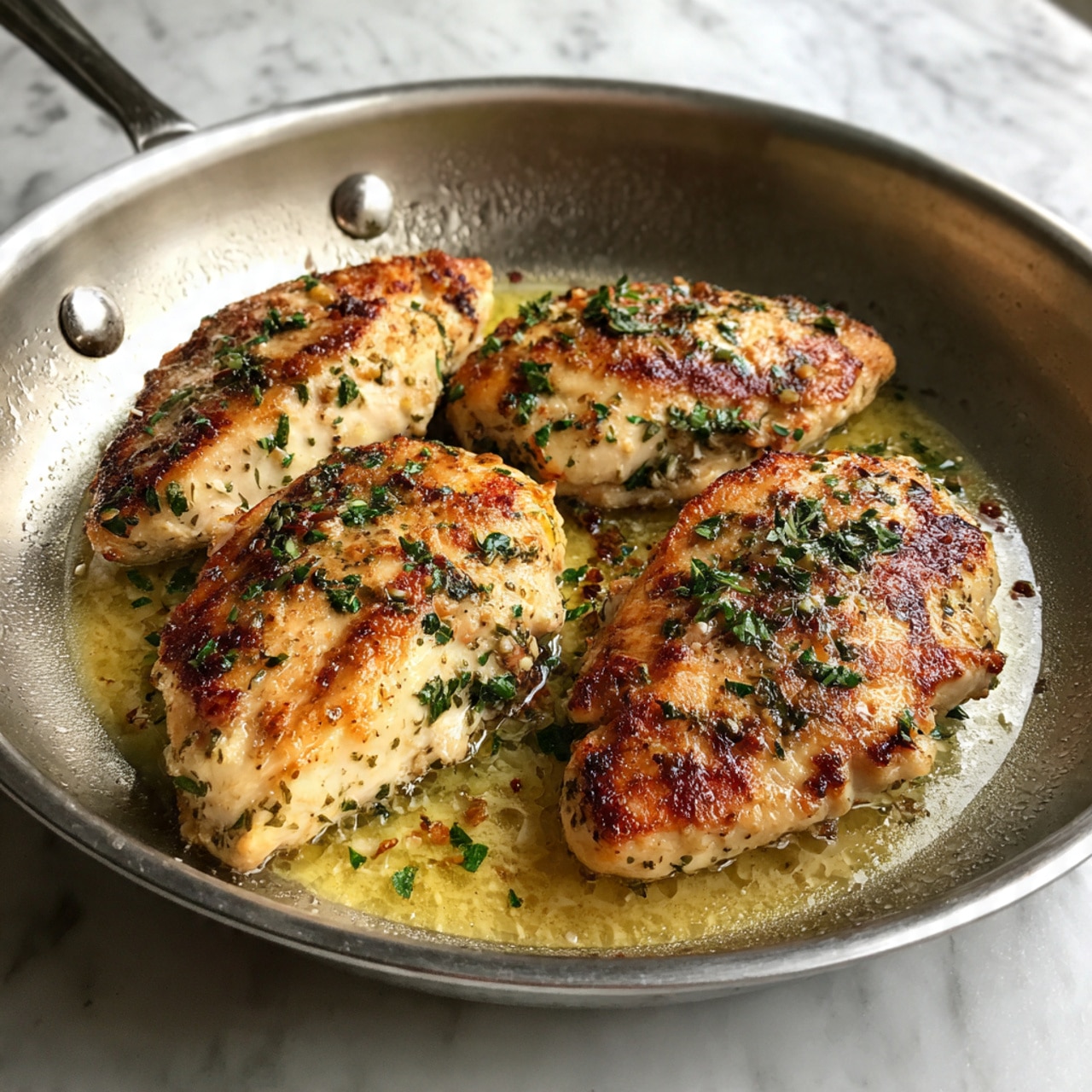 Three pieces of cooked chicken are placed inside a silver frying pan with a light layer of oil. Each chicken piece is golden brown with darker brown herb specks and seasoning spread unevenly on the surface. The chicken pieces have varied shapes but all show a firm texture with some charred edges. The pan and chicken rest on a white marbled surface. Photo taken with an iphone --ar 4:5 --v 7