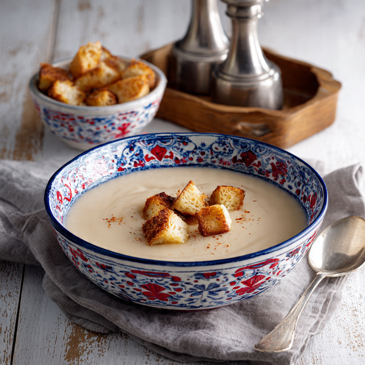 The dish shows a deep white bowl with blue and red floral patterns on the rim, filled with a smooth light beige soup. On top of the soup, about seven small pieces of toasted bread with a golden brown crispy texture float. Next to the bowl is a small white bowl filled with more toasted bread pieces that have uneven golden brown spots. The scene is on a rustic light wooden surface with some soft grey cloth nearby. A silver spoon lies next to the bowls, and to the side are two silver salt and pepper shakers on a small wooden tray. photo taken with an iphone --ar 4:5 --v 7