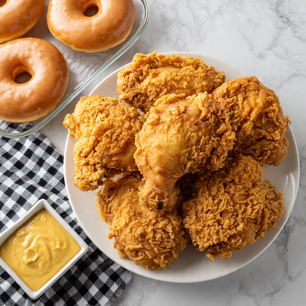 The image shows four golden-brown fried chicken pieces placed on a white plate, each piece with a rough, crispy texture. To the left, there is a small white square bowl filled with creamy yellow sauce that looks smooth. Above this bowl, four shiny glazed donuts with a light golden color and a smooth surface sit on a white plate. The scene is set on a white marbled surface with a piece of black and white checkered cloth on the right side and a silver fork near the bowl. Photo taken with an iphone --ar 4:5 --v 7