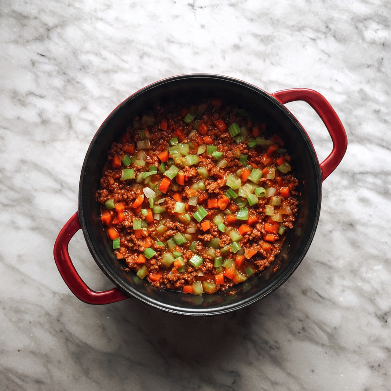A black cooking pot with bright red handles shows cooked ground meat mixed with small pieces of orange carrots, light green celery, and white onions scattered evenly on top. The pot sits on a white marbled surface. The mixture has a soft, slightly crumbly texture with colorful vegetable bits throughout. Photo taken with an iphone --ar 4:5 --v 7