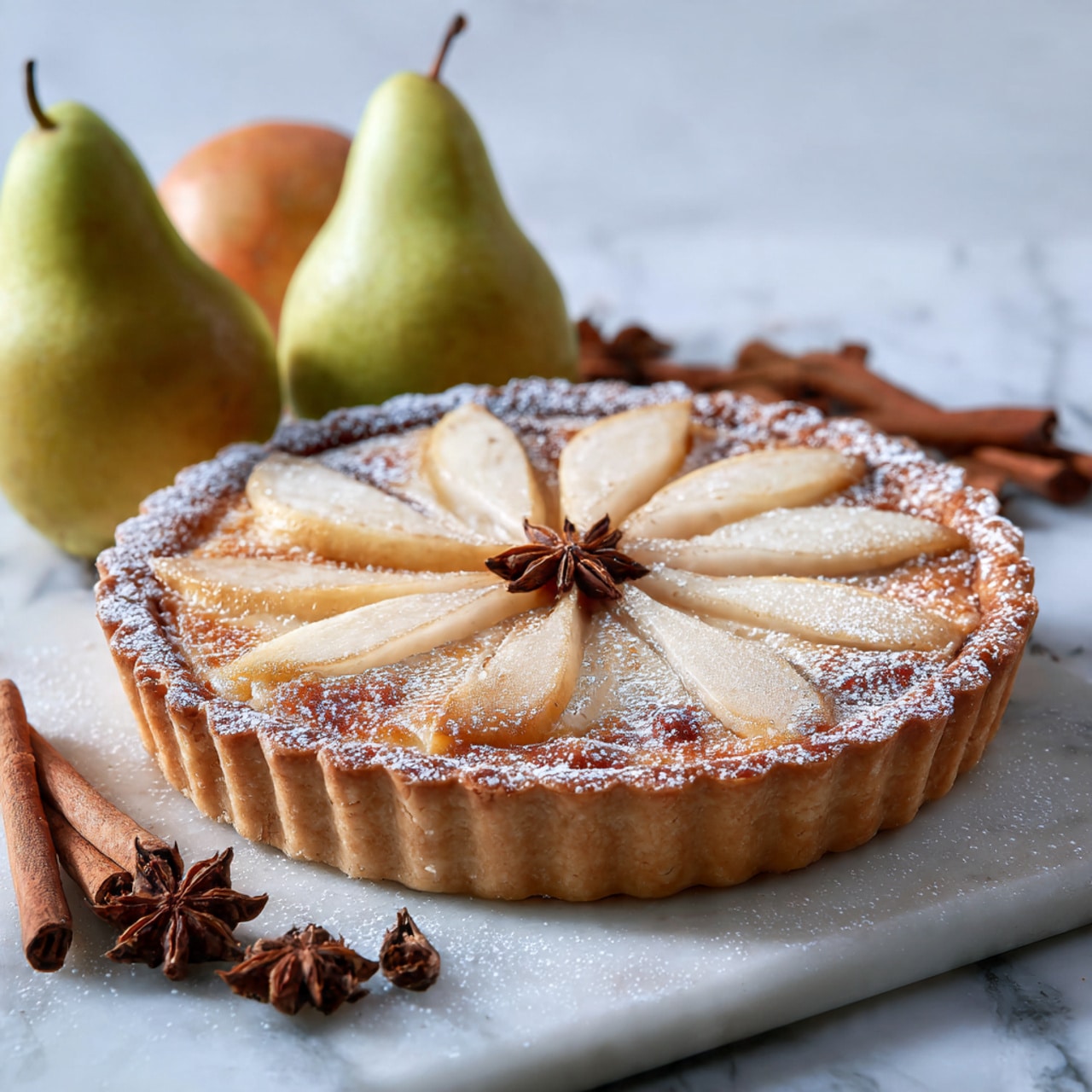 A round tart with a golden brown crust forms the base, filled with a smooth, creamy yellow layer. On top, there are five halved pears arranged evenly in a circle, each pear showing layered, light beige sections with faint brown streaks. The tart sits on a wire cooling rack placed on a white marbled surface. A striped cloth is partially visible in the top left corner, and two cinnamon sticks and a star anise lie near the bottom left. photo taken with an iphone --ar 4:5 --v 7