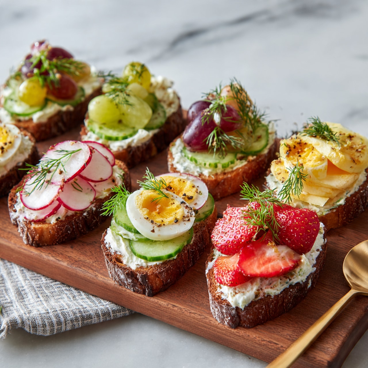Several small toast pieces lie on a wooden board with a striped cloth nearby on a white marbled surface. Each toast has two layers: the base is a light golden toasted bread slice, topped evenly with a thick layer of white cream cheese. Various toppings form the next layer with bright colors and different textures. Thin cucumber slices with green mint leaves rest on one toast. Halved black grapes cover another. Another slice holds small, round boiled egg slices with black pepper sprinkled on top. Thin radish rounds topped with dill garnish form another. Fresh sliced red strawberries lay on one piece. There are also some loose strawberry slices and a golden spoon beside the board, and fresh green mint herbs lie near the striped cloth. Photo taken with an iphone --ar 4:5 --v 7