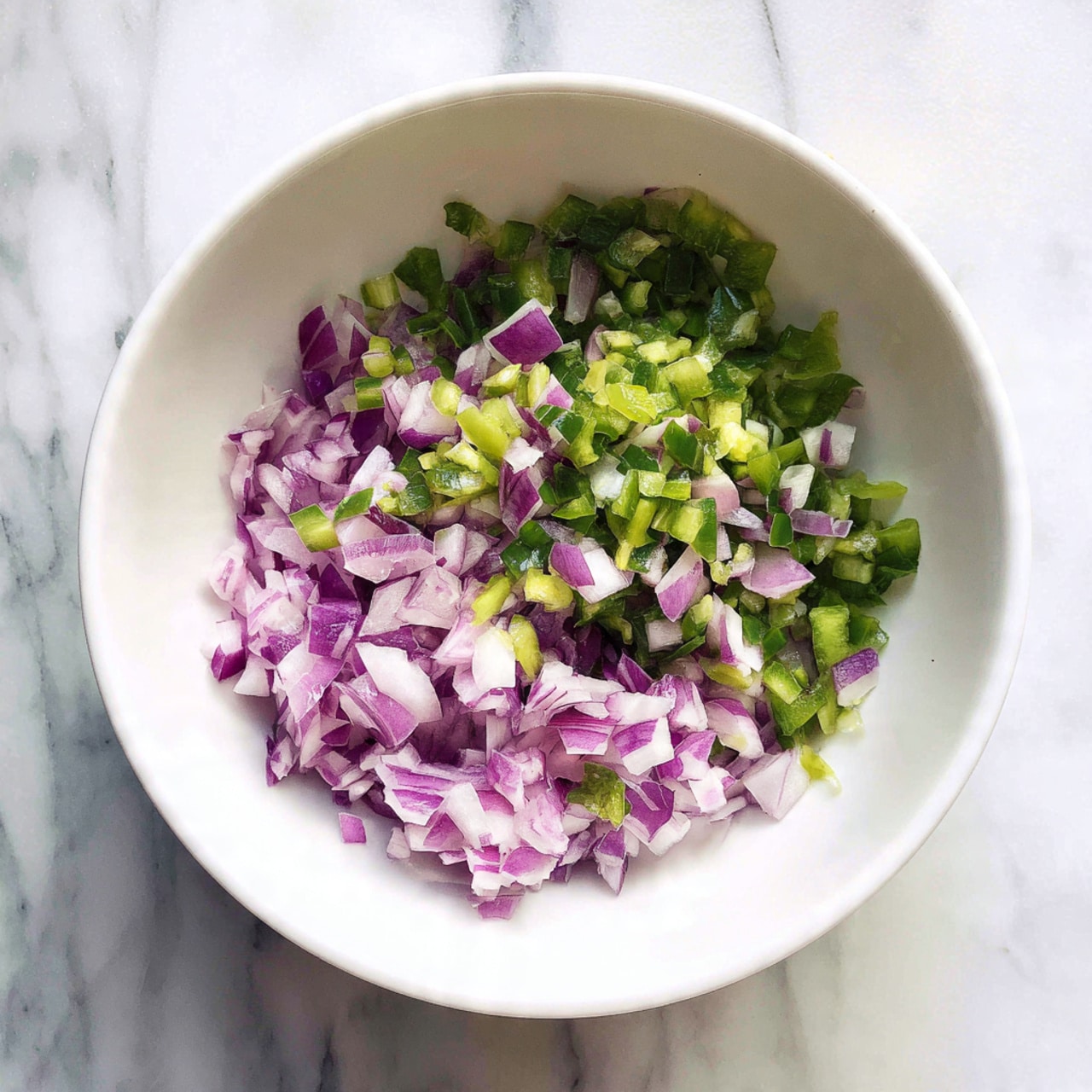 A round white bowl with a thin black rim sits on a white marbled surface. Inside the bowl, there is a single layer of small diced red onions covering most of the bowl's bottom, with a small cluster of finely chopped bright green peppers to the right. The onions show a mix of purple and white hues with a slightly damp texture, while the green peppers add a fresh, crisp contrast. The lighting is soft, highlighting the colors and textures of the vegetables. Photo taken with an iphone --ar 4:5 --v 7