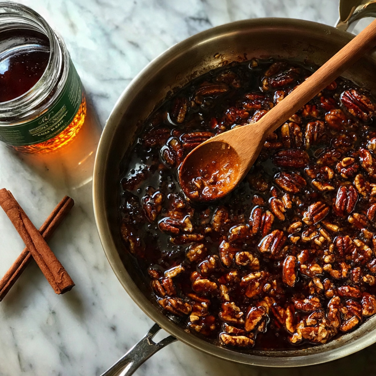 A shiny metal pan filled with many small brown pecan pieces coated in a glossy, dark syrup, sitting on a white marbled surface. A wooden spoon with a warm brown color rests on the right side inside the pan, partially covered with pecans and syrup. An empty glass jar with a green label is visible in the top left corner. The pan handle extends out to the left. A cinnamon stick lies below the pan on the marbled surface. The lighting makes the pecans and syrup shine. Photo taken with an iphone --ar 4:5 --v 7