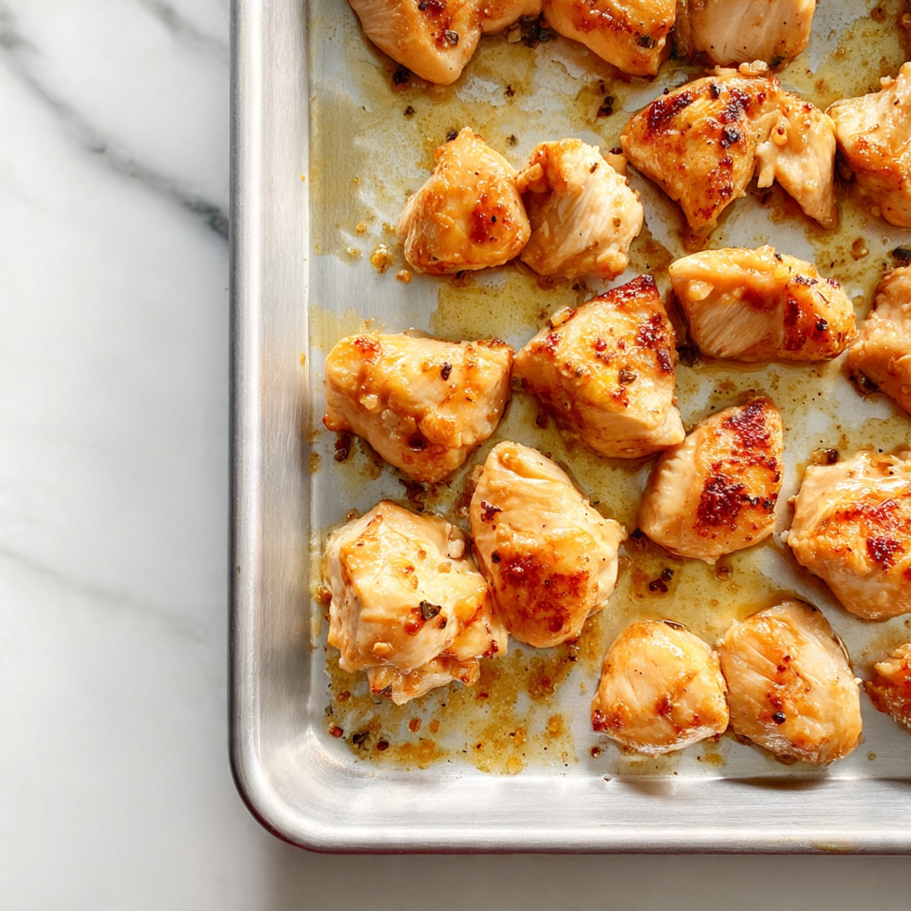 The image shows many small pieces of cooked white chicken with light brown sear marks. The chicken pieces are scattered evenly on a baking tray with some brown juices and slight oil stains. The texture looks soft and slightly shiny. The background is a white marbled texture. photo taken with an iphone --ar 4:5 --v 7