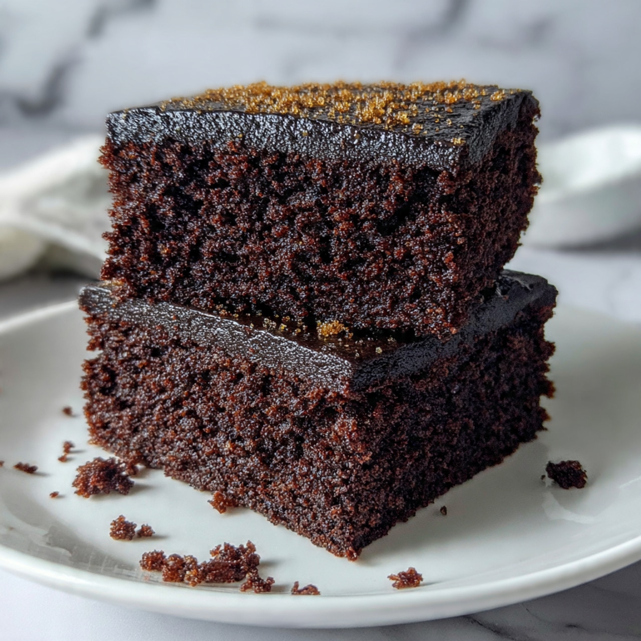 Two thick square pieces of chocolate cake are stacked on a simple white plate. The cake layers are dark brown with a soft, moist texture showing small air bubbles within. The top piece sits slightly angled on the bottom one, showing slightly shiny, smooth frosting or melted chocolate layer between the two darker brown cake layers. There are a few scattered cake crumbs around the plate, which sits on a white marbled surface. The background is blurred softly. photo taken with an iphone --ar 4:5 --v 7