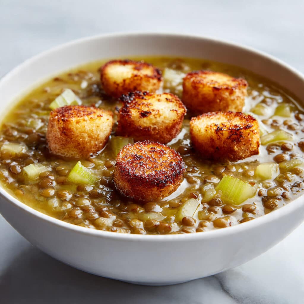 Lentil Potato Soup with Crispy Bread Croutons Recipe