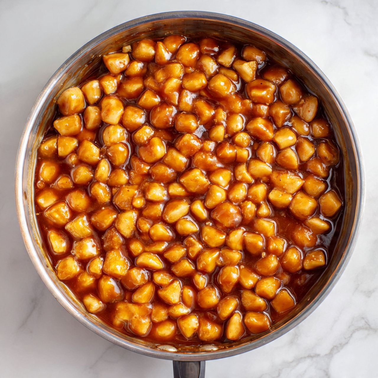 A top-down view of a frying pan filled with small, evenly diced pieces of light tan and golden brown food, cooked in a glossy, thick brown sauce that covers all the pieces. The pan sits on a white marbled surface, showing some reflections on the sauce, making it look shiny and moist. The pieces are closely packed, creating a textured surface with a warm, inviting color palette. Photo taken with an iphone --ar 4:5 --v 7