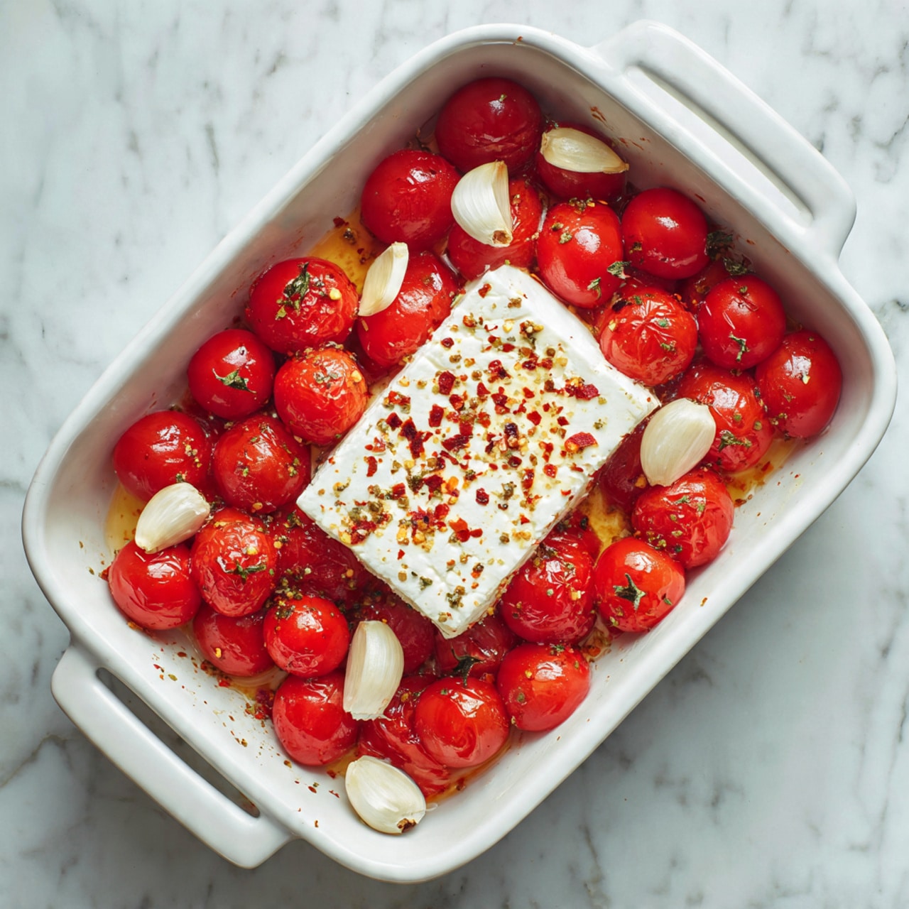 The image shows a white rectangular dish filled with bright red cherry tomatoes scattered around a circle of white cheese in the middle. The cheese is topped with small red chili flakes adding a touch of color. Around the tomatoes, there are whole cloves of peeled garlic placed evenly, creating a mix of creamy white and red tones. The surface beneath the dish is a white marbled texture. Photo taken with an iphone --ar 4:5 --v 7