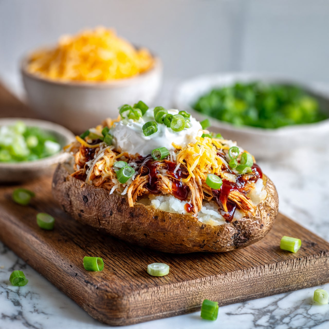 The image shows a baked potato with a rough, brown skin as the base layer. It is opened to reveal soft, fluffy white potato inside. On top of the potato, there is a thick layer of dark reddish-brown barbecue sauce with chunks of meat mixed in. Above that, there is a dollop of white sour cream, garnished with bright yellow shredded cheddar cheese scattered over it. Finally, thin slices of fresh green onions are sprinkled on top. The potato rests on a wooden board, with some shredded cheese scattered nearby and a white bowl filled with more green onions in the foreground. The background has a white marbled texture. Photo taken with an iphone --ar 4:5 --v 7