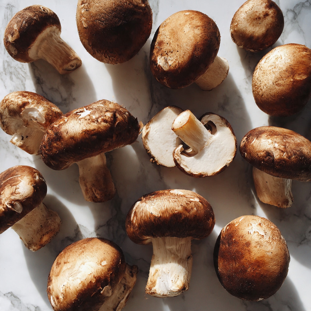 A group of brown mushrooms spread out unevenly on a white marbled surface, showing both the tops and the gills underneath. The mushrooms vary in size with round caps and long stems, some with slight dark spots on their caps and stems. The textures on the caps range from smooth to slightly wrinkled, while the stems have a fibrous look. The soft natural light highlights the different shades of brown and cream colors on the mushrooms, creating a natural and fresh appearance. Photo taken with an iphone --ar 4:5 --v 7