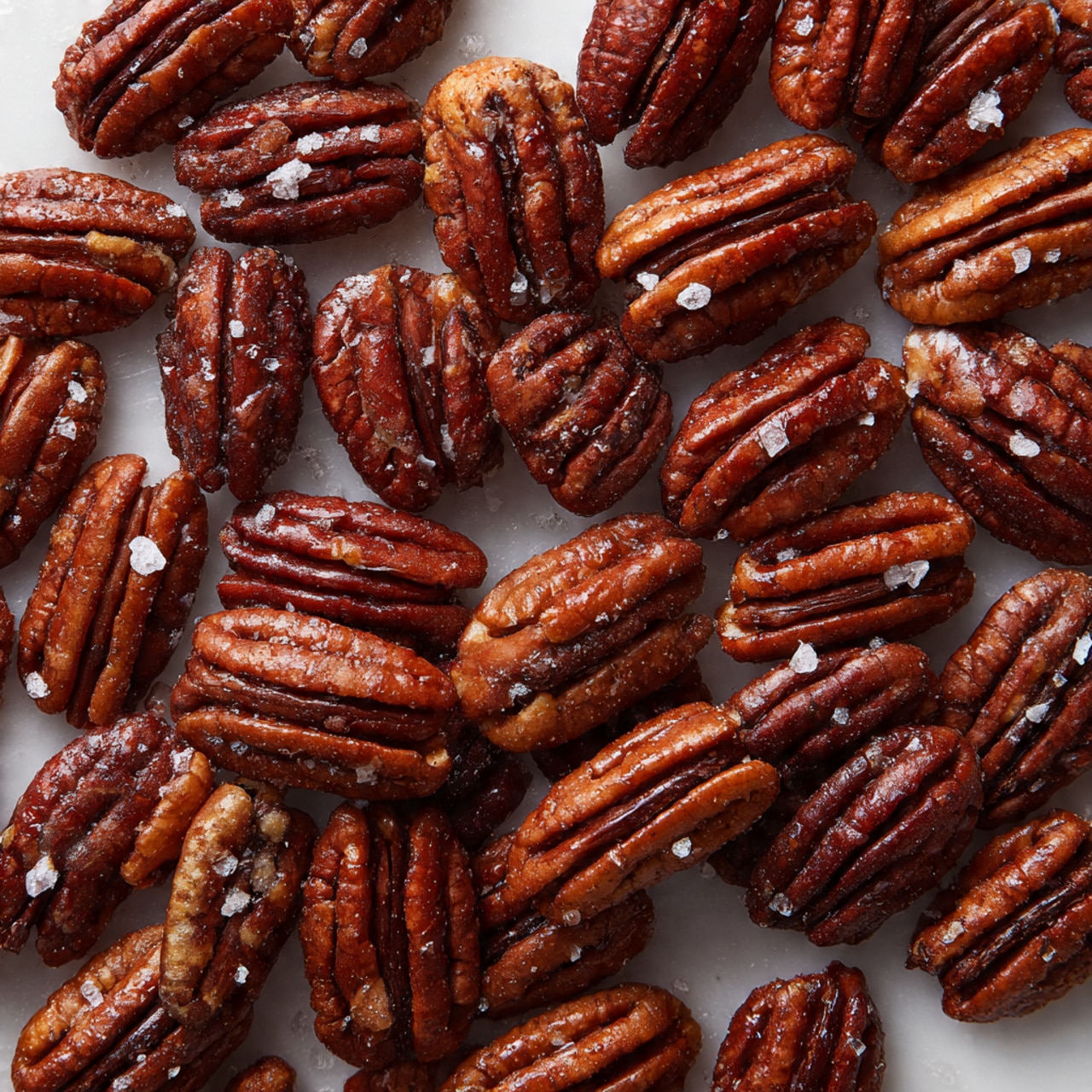 The image shows many roasted pecans spread out closely on a white marbled surface. Each pecan is whole, deep brown with a slightly glossy texture from roasting, and some have small coarse salt flakes sprinkled on top. The pecans have clear ridges with a mix of dark and medium brown shades, giving a rich, toasted look. The background is clean and bright, highlighting the warm colors of the pecans. photo taken with an iphone --ar 4:5 --v 7