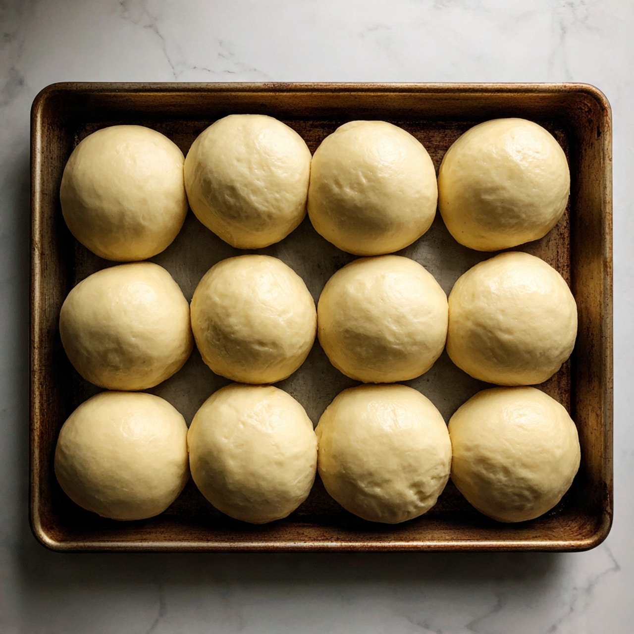 The image shows a metal baking tray filled with rows of twelve unbaked bread dough balls. Each dough ball has a smooth, round, and pale surface, slightly shiny with a soft texture. They are evenly spaced in four rows of three on the tray, which shows some brown spots and signs of use. The background surface is a white marbled texture. Photo taken with an iphone --ar 4:5 --v 7
