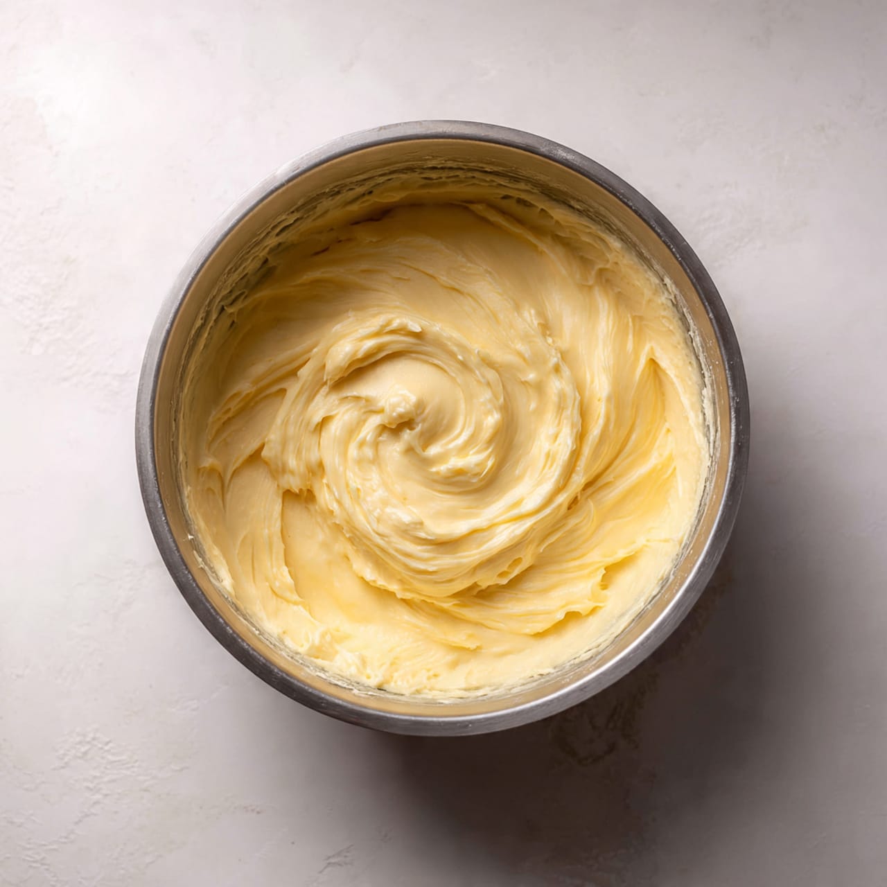 A large silver bowl sits on a white marbled surface, filled with a creamy pale yellow batter that appears smooth and slightly thick. The batter forms a rounded mound in the center of the bowl, with some batter spread thinly along the sides inside the bowl. The texture looks soft and whipped with visible swirls and small peaks. Photo taken with an iphone --ar 4:5 --v 7