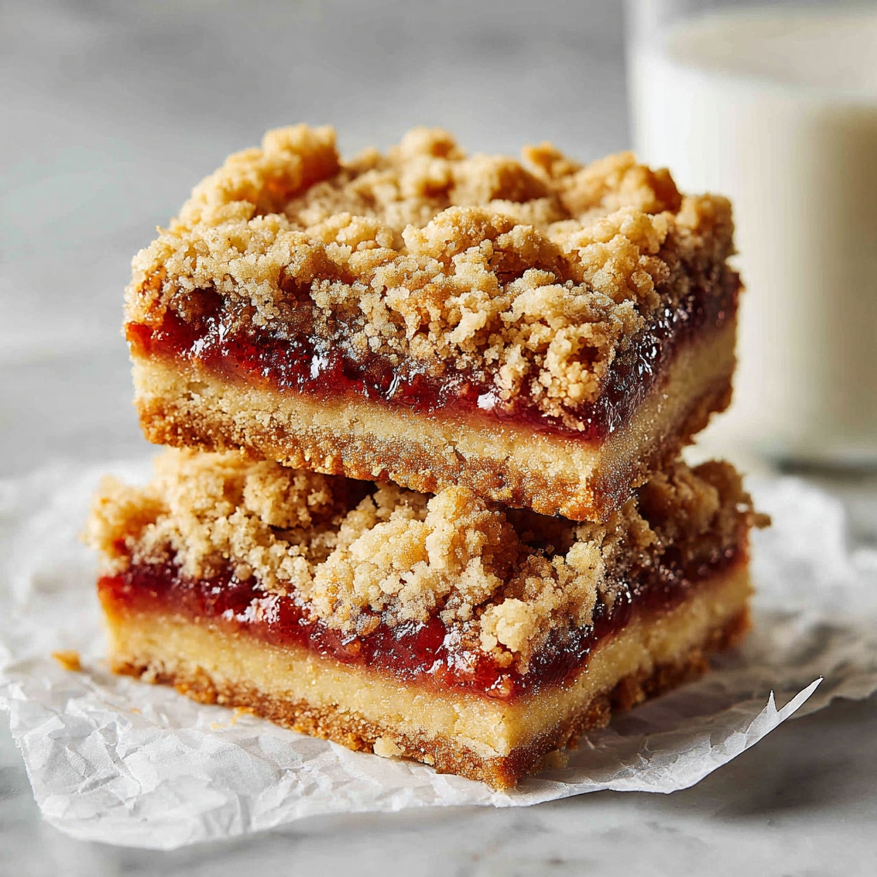 The image shows two square bars stacked on top of each other, resting on crinkled white paper over a white marbled surface. Each bar has three layers: a firm golden brown base layer, a thin bright red jam layer in the middle, and a crumbly pale yellow topping with irregular chunky pieces. The texture of the top layer looks slightly rough and crunchy. In the background, there is a soft-focused glass container filled with creamy white milk. Photo taken with an iphone --ar 4:5 --v 7
