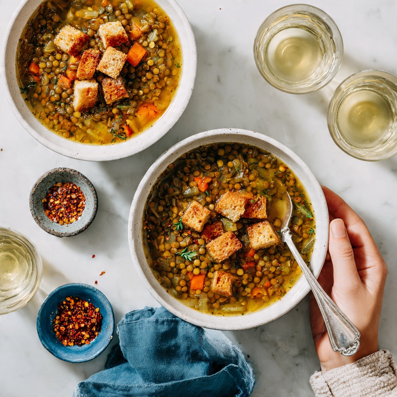 Two white bowls filled with lentil soup sit on a white marbled surface. Each bowl has three main layers: the yellowish broth forms the base, filled with small, round, green-brown lentils and diced greenish vegetables. On top, golden brown croutons are scattered evenly, adding a crunchy texture. One bowl has a silver spoon resting inside. Nearby, there is a small blue bowl with red chili flakes and two glasses filled with light yellow liquid. A woman’s hand is about to reach for one bowl from the top left. A blue cloth is placed under the bottom right bowl. photo taken with an iphone --ar 4:5 --v 7