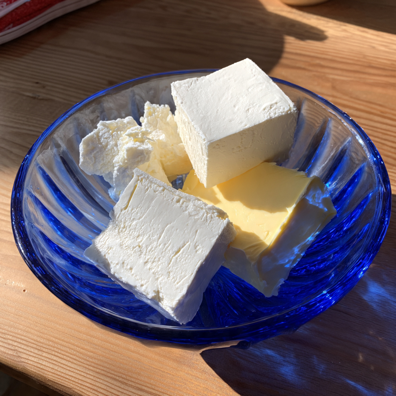 A clear blue glass bowl sits on a wooden surface with a white marbled texture visible beside it. Inside the bowl, there are three distinct pieces of white cream cheese and one stick of pale yellow butter placed in the center. In the background, a teal and white striped towel and part of a wooden board with a yellow item on it are also visible. The scene is lit softly, showing the smooth, soft texture of the cream cheese and the firm, rectangular shape of the butter. photo taken with an iphone --ar 4:5 --v 7