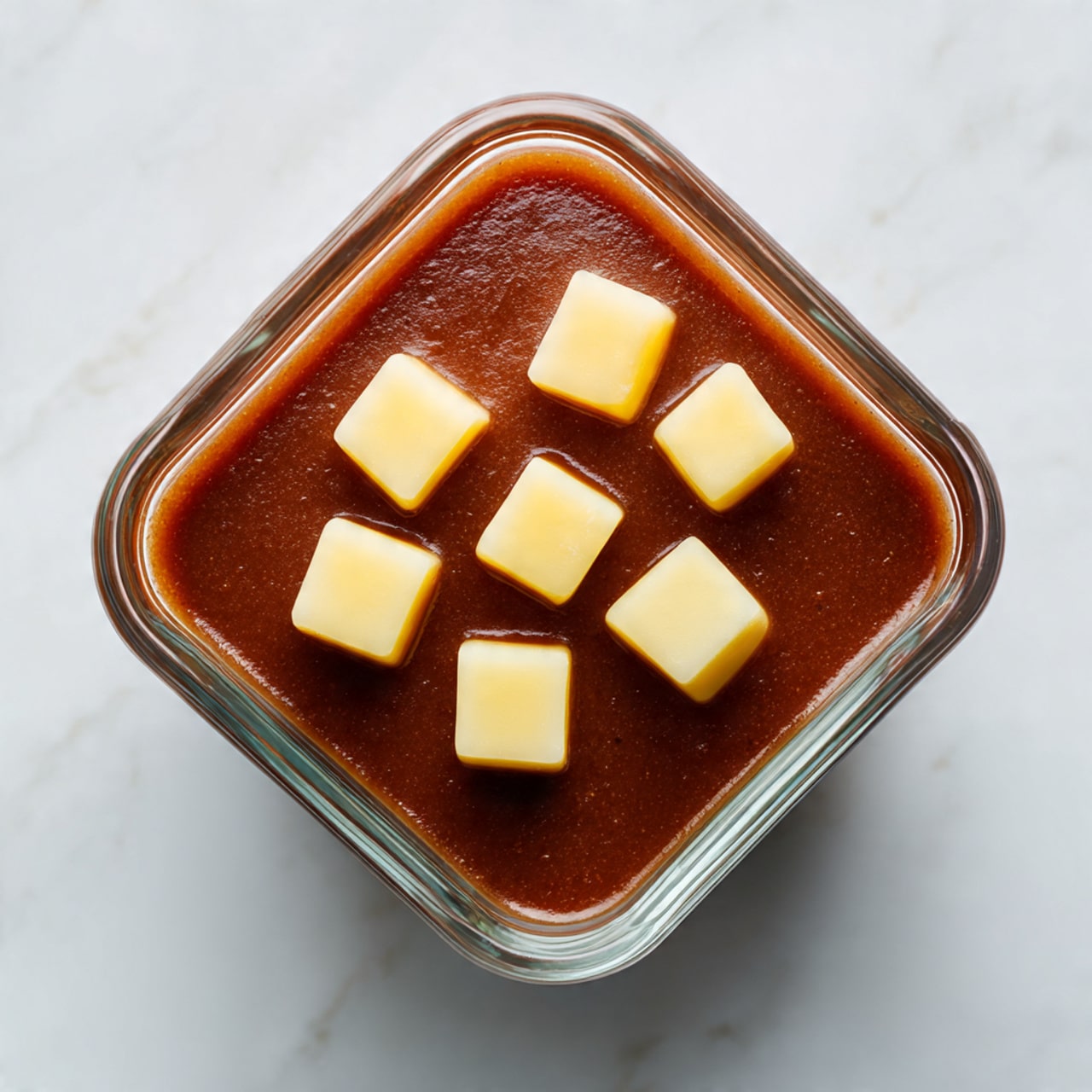A clear square glass container is filled with a dark brown sauce that looks smooth and slightly thick. On top of the sauce, there are seven small, evenly spaced pale yellow cubes floating, each with smooth edges and a slightly soft texture. The container sits on a white marbled surface, giving a clean and simple background. photo taken with an iphone --ar 4:5 --v 7