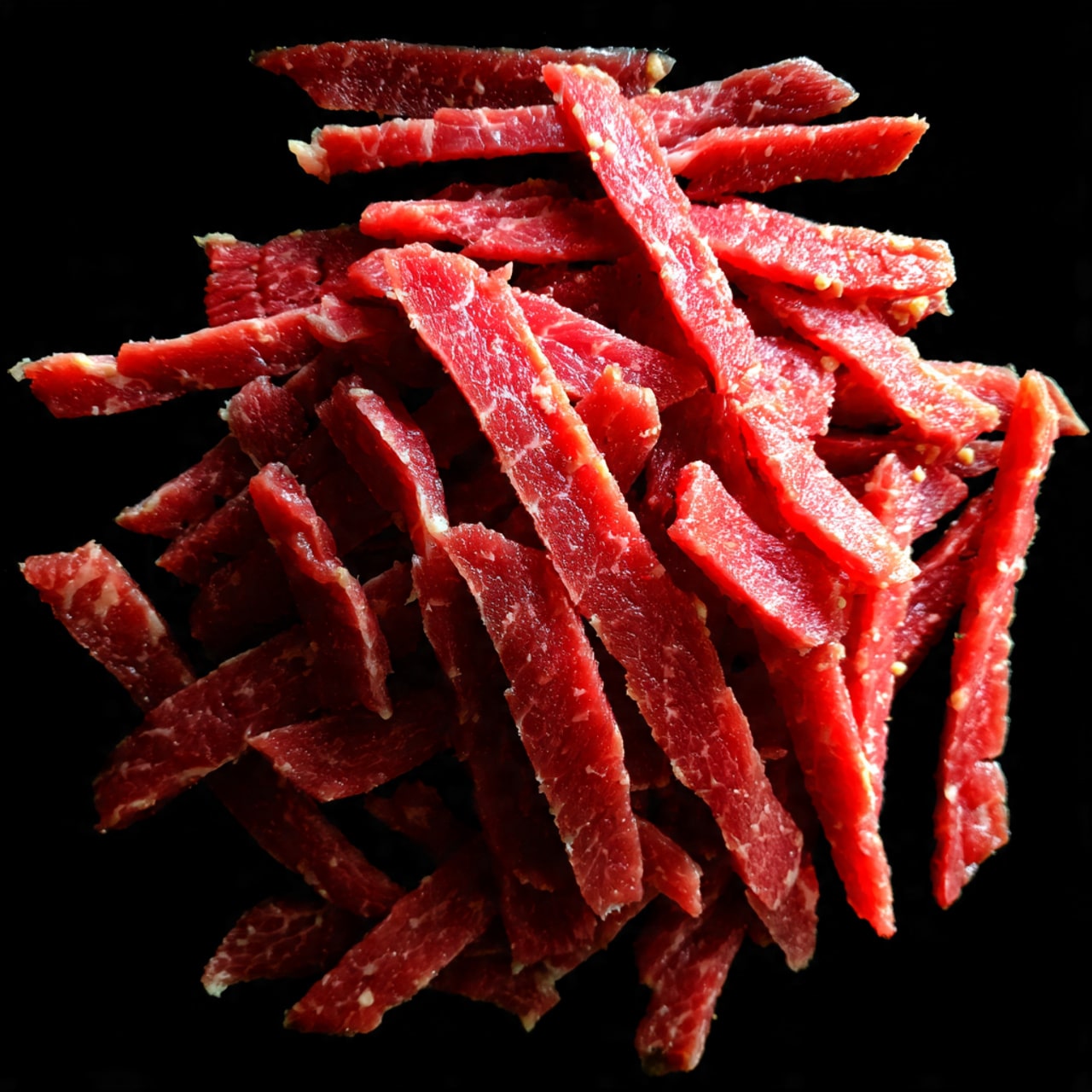 The image shows thin strips of raw meat spread out on a black surface, frying slightly with some pieces starting to turn light brown while most remain red and fresh-looking. The meat strips are unevenly shaped, scattered over the surface with hints of steam rising. The background is not visible, focusing fully on the cooking meat. photo taken with an iphone --ar 4:5 --v 7