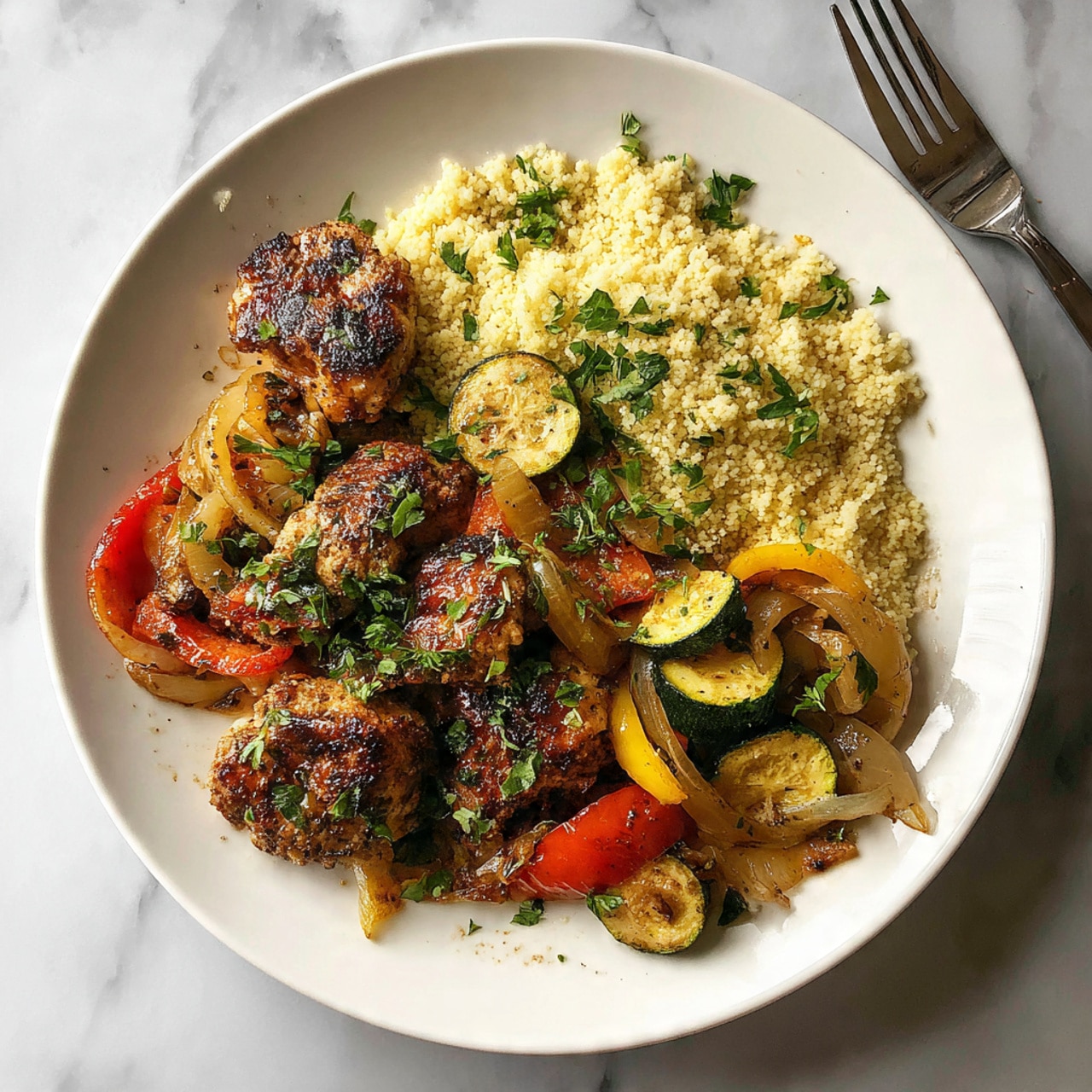 A white plate with a serving of golden-brown seasoned chicken pieces sprinkled with chopped green herbs on the right side, next to a light yellow grain like couscous. On the left side, there is a mix of cooked vegetables including green zucchini slices, yellow squash, red bell pepper chunks, and purple onion pieces. The plate is on a white marbled surface with a silver fork resting near the top. The colors are vibrant with a fresh and healthy look, and the textures show both crisp and tender elements. photo taken with an iphone --ar 4:5 --v 7