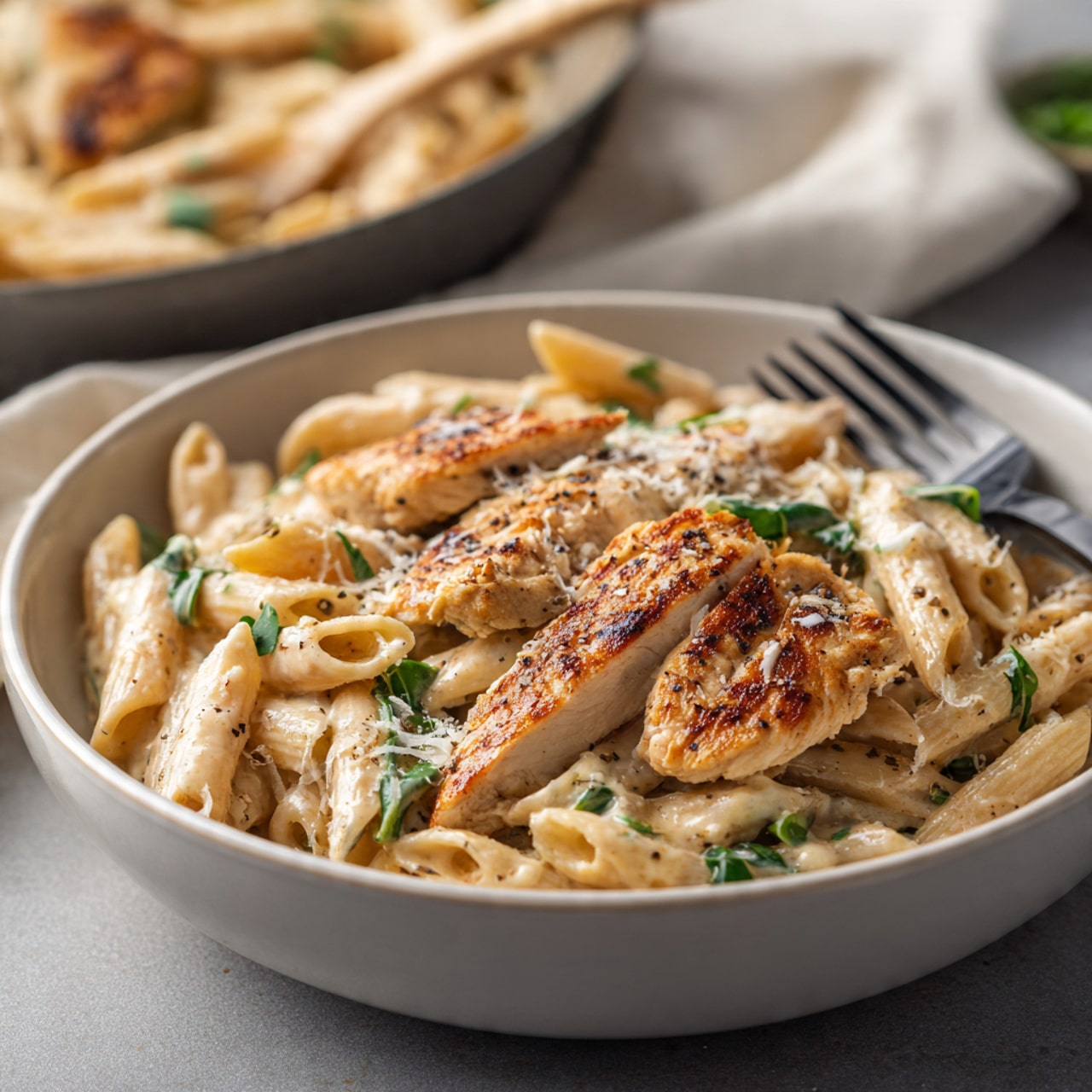 The dish is a creamy pasta served in a white shallow bowl, filled with penne pasta and strips of grilled chicken mixed with a light beige creamy sauce. The pasta is coated with small bits of green herbs scattered throughout, and the chicken pieces show slight grill marks with a golden-brown color. The top of the dish is sprinkled with grated parmesan cheese and freshly ground black pepper. A black fork rests on the right inner edge of the bowl. The bowl sits on a wooden table, and behind it, a shiny metal pan filled with the same creamy pasta is partially visible, along with a white cloth draped to the side. photo taken with an iphone --ar 4:5 --v 7