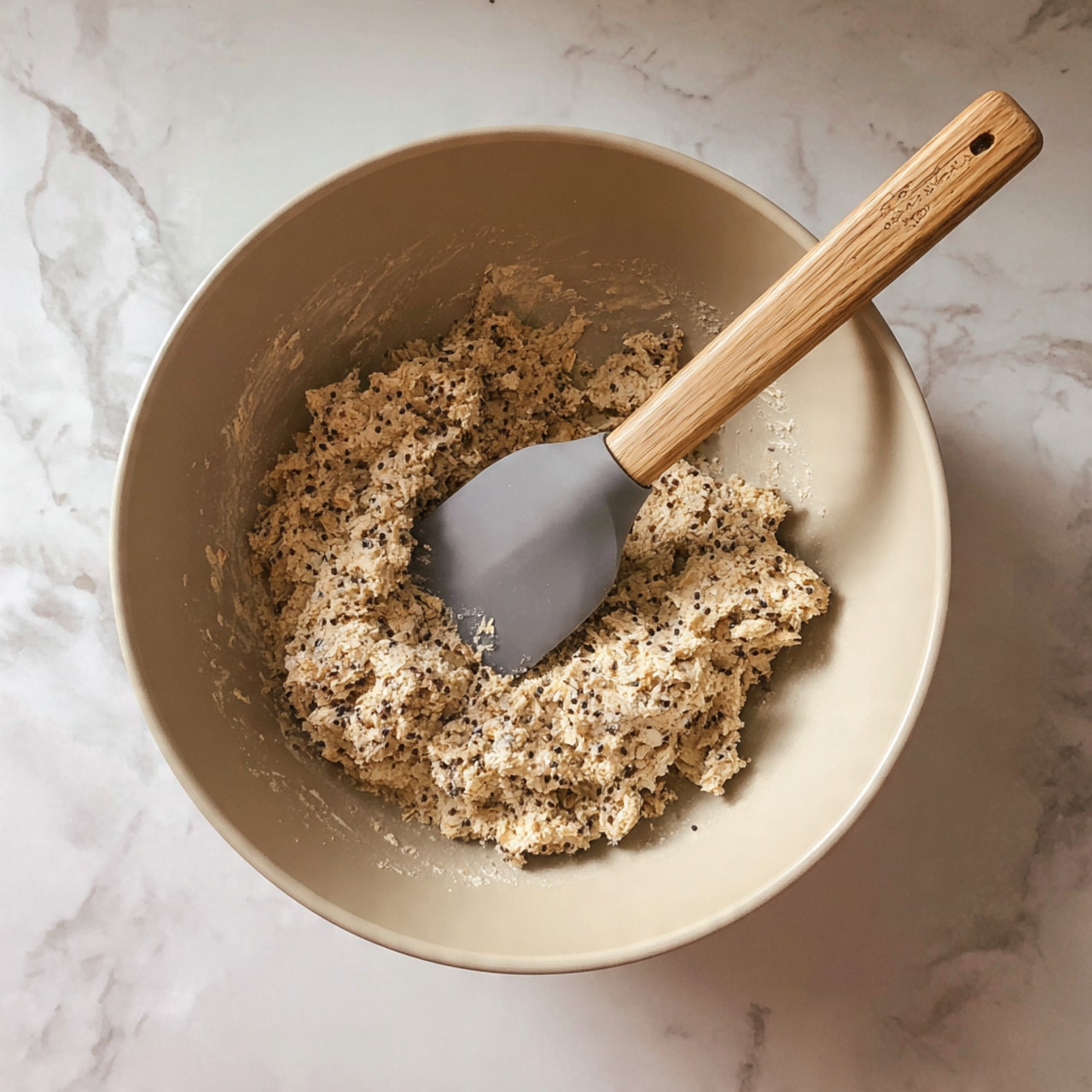 A light brown, textured dough sits in the middle of a large beige mixing bowl with ridged sides, showing small bits of oats within its slightly crumbly surface; a gray silicone spatula with a wooden handle rests in the bowl, partially embedded in the dough on the right side. The bowl is placed on a white marbled surface. photo taken with an iphone --ar 4:5 --v 7