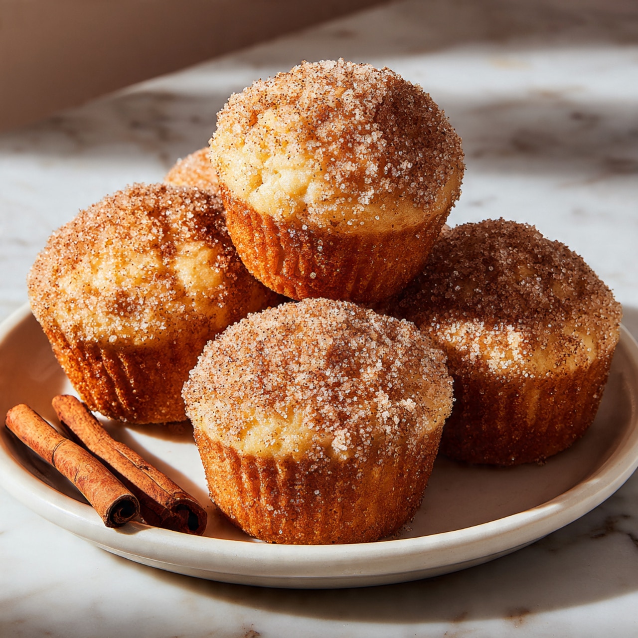 A cluster of six sugar-coated muffins is piled on a simple white plate, each muffin having a golden-brown top sprinkled generously with a grainy cinnamon sugar layer that gives them a textured look. The muffins have a soft, slightly rounded top and a firm base, showing a slight shine where the sugar sticks. A white marbled surface sits underneath the plate, with a blurred background emphasizing the warm tones of the muffins. Two sticks of cinnamon rest delicately on the corner of the plate, adding a warm color contrast. photo taken with an iphone --ar 4:5 --v 7