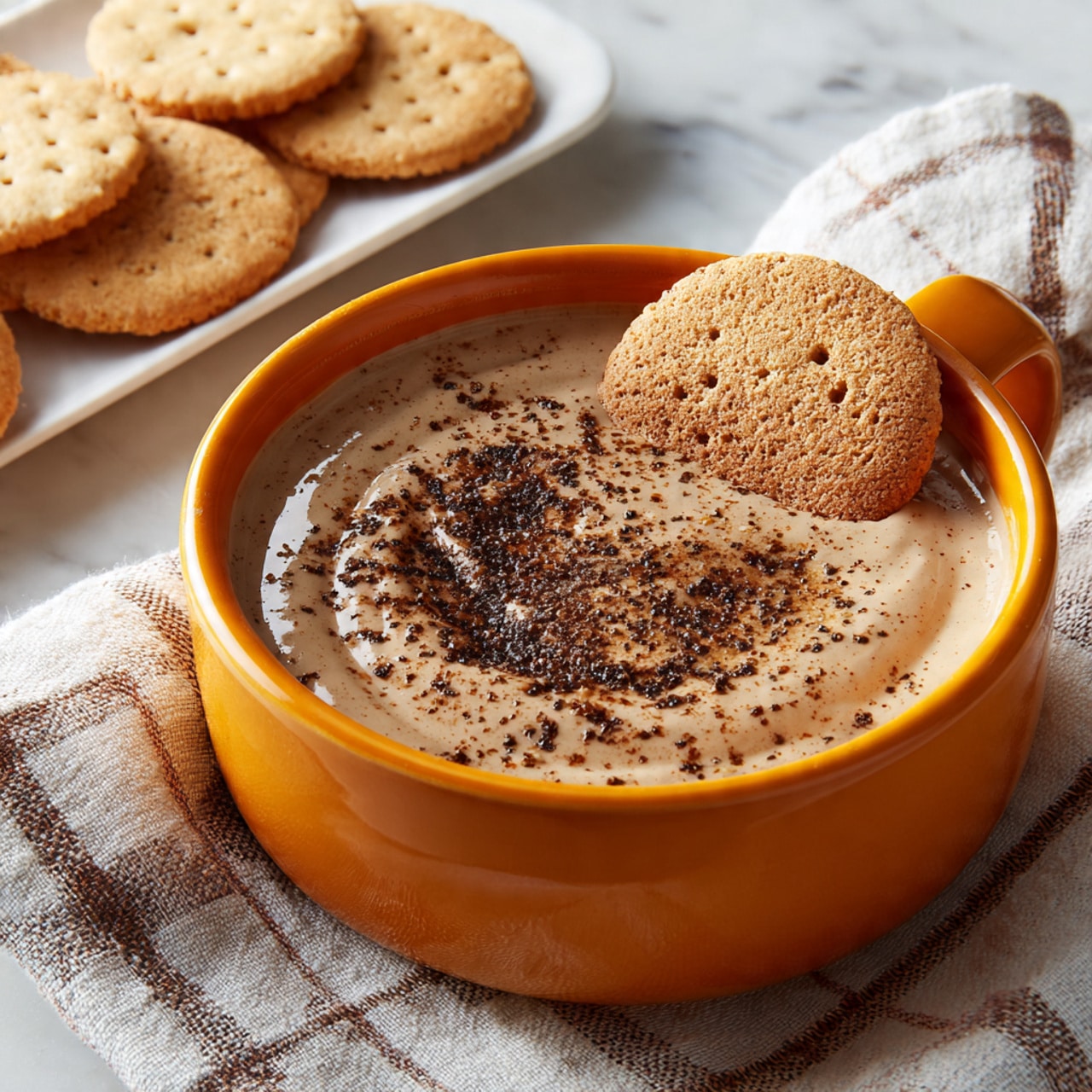 The image shows a small orange bowl filled with a creamy, light tan dip that is sprinkled with a light dusting of brown spice on top. One round oatmeal cookie is partially dipped into the thick, smooth dip, resting inside the bowl at an angle. In the background, a white plate holds square-shaped crackers, placed on a white marbled surface with a gray checkered cloth beneath the bowl and plate. photo taken with an iphone --ar 4:5 --v 7
