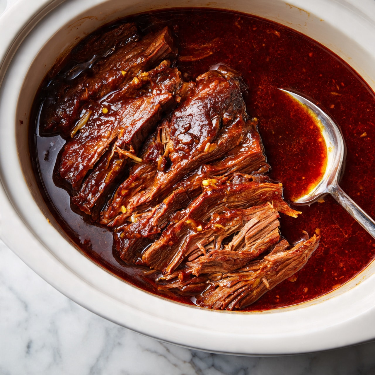 A close-up view inside a slow cooker showing a single layer of dark brown, tender cooked meat with a shiny glaze of rich sauce pooling at the bottom, the texture of the meat appears soft with some caramelized and moist areas, all resting in the white round slow cooker against a white marbled background photo taken with an iphone --ar 4:5 --v 7