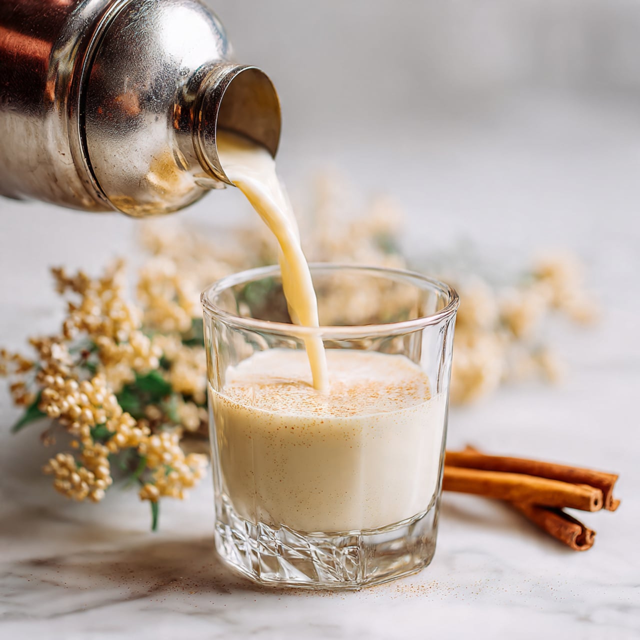 A clear glass filled almost to the top with a thick, creamy white liquid is shown in the center. A silver metal shaker with small holes is tilted above the glass, pouring the same white liquid smoothly into it. In the blurred background, there are some dried brown flowers and green leaves on a white marbled surface, along with a cinnamon stick lying flat. The overall look is warm and natural, focused closely on the pouring action. photo taken with an iphone --ar 4:5 --v 7