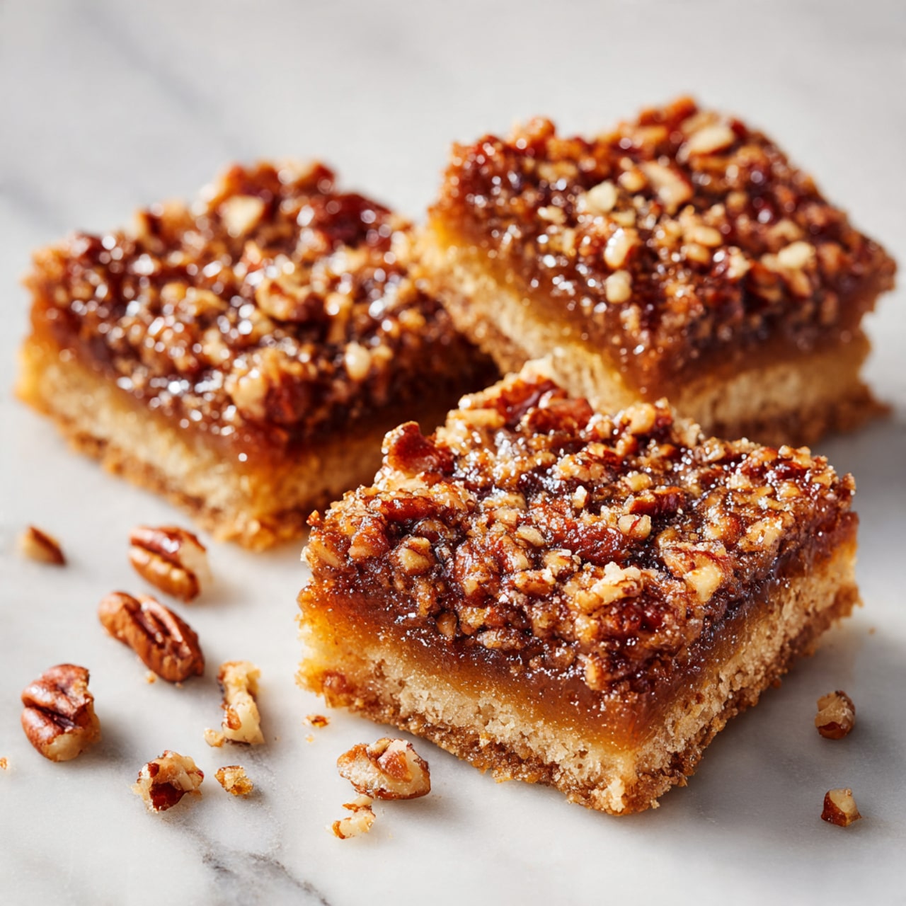 This image shows three square pieces of pecan bars placed on a white marbled surface, scattered with some small pecan crumbs around them. Each bar has two layers: the bottom layer is a light golden brown crust with a crumbly texture, and the top layer is dense and sticky, packed fully with glossy, roasted pecan halves and pieces in rich shades of brown and caramel. The pecans look shiny and slightly sticky, tightly embedded on the top, giving a textured and slightly uneven surface. Photo taken with an iphone --ar 4:5 --v 7