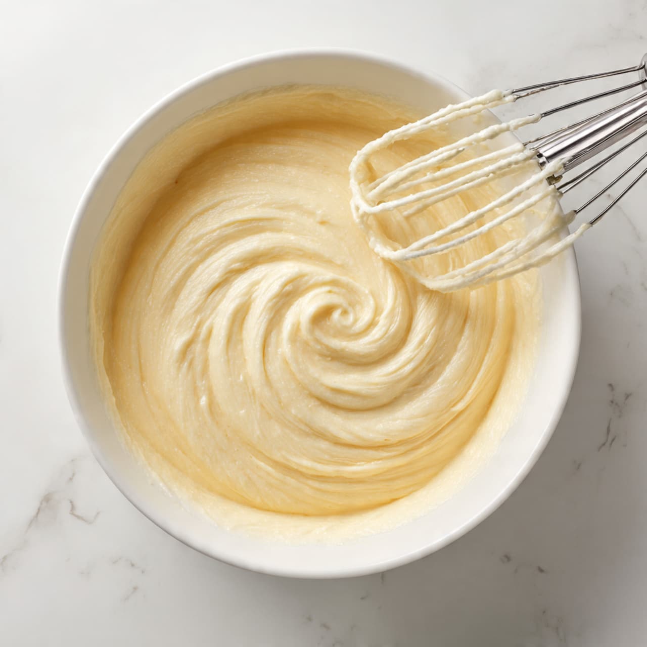A close-up top view of a white ceramic mixing bowl filled with smooth, creamy light beige batter. The batter has a thick texture with swirls and soft peaks, showing movement from mixing. On the bottom right corner, metal beaters from an electric mixer are partially visible in the bowl. The bowl is sitting on a white marbled surface. photo taken with an iphone --ar 4:5 --v 7